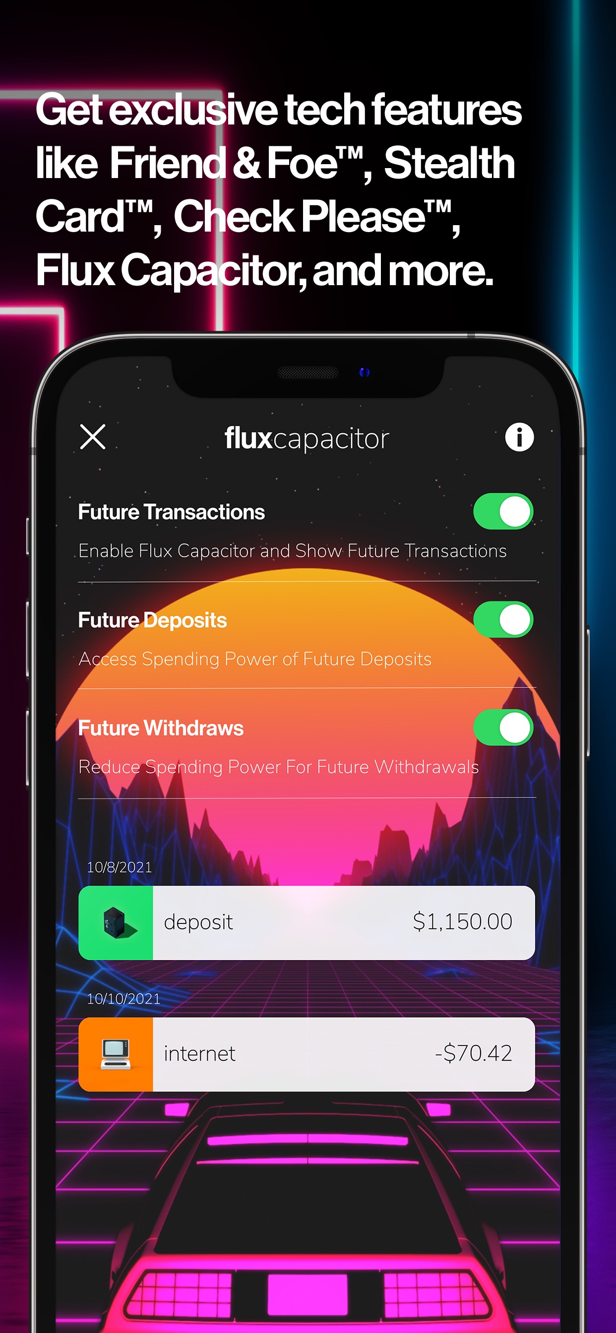 CRED App Store screenshot: Get exclusive tech features like Friend & Foe™, Stealth Card™, Check Please™, Flux Capacitor, and more.