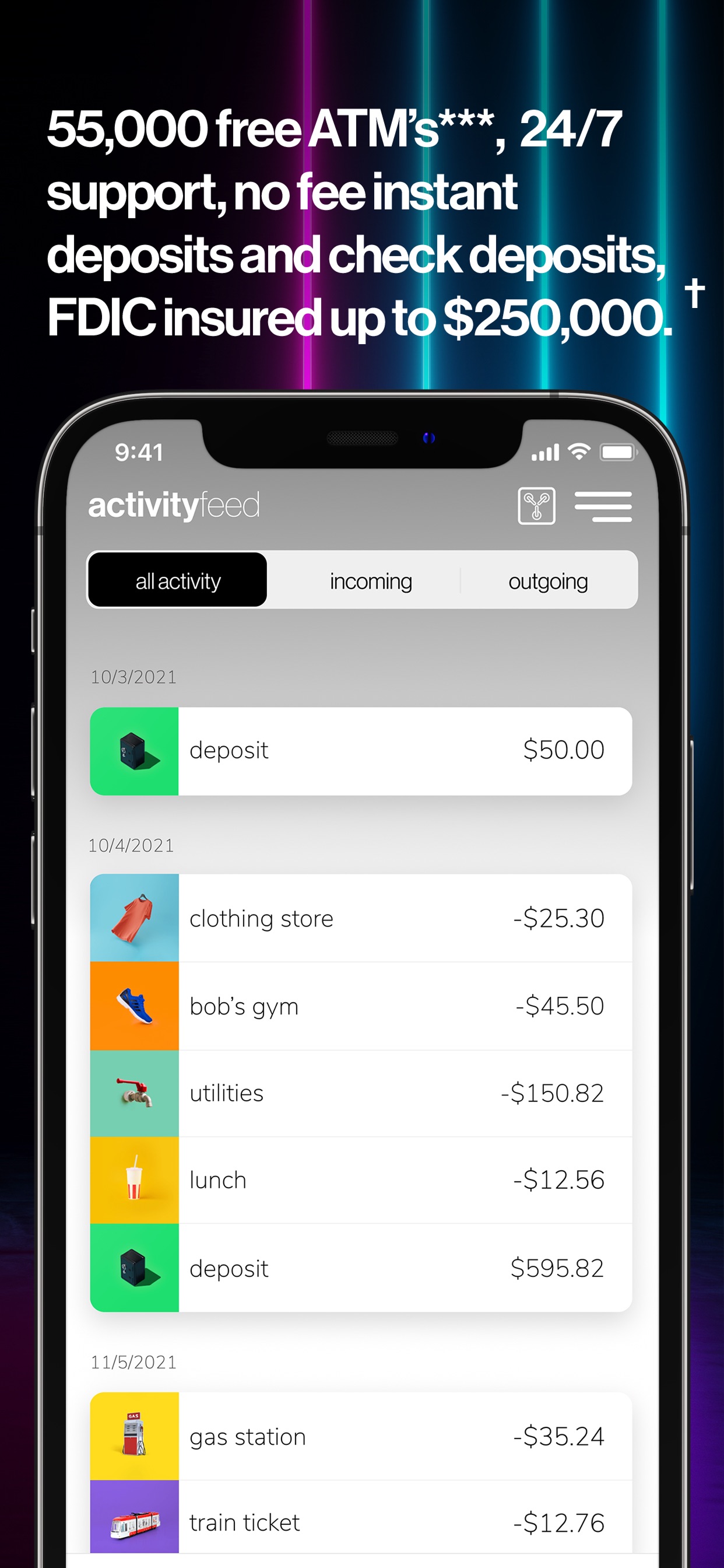 CRED App Store screenshot 8: 55,000 free ATM’s***, 24/7 support, no fee instant deposits and check deposits, FDIC insured up to $250,000.†