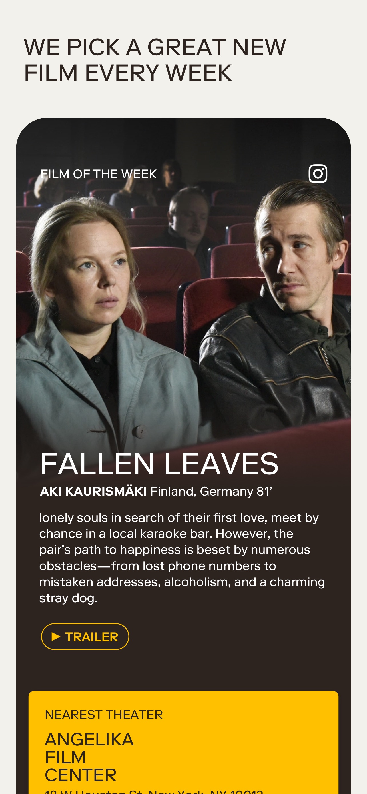 MUBI GO App Store screenshot: WE PICK A GREAT NEW FILM EVERY WEEK