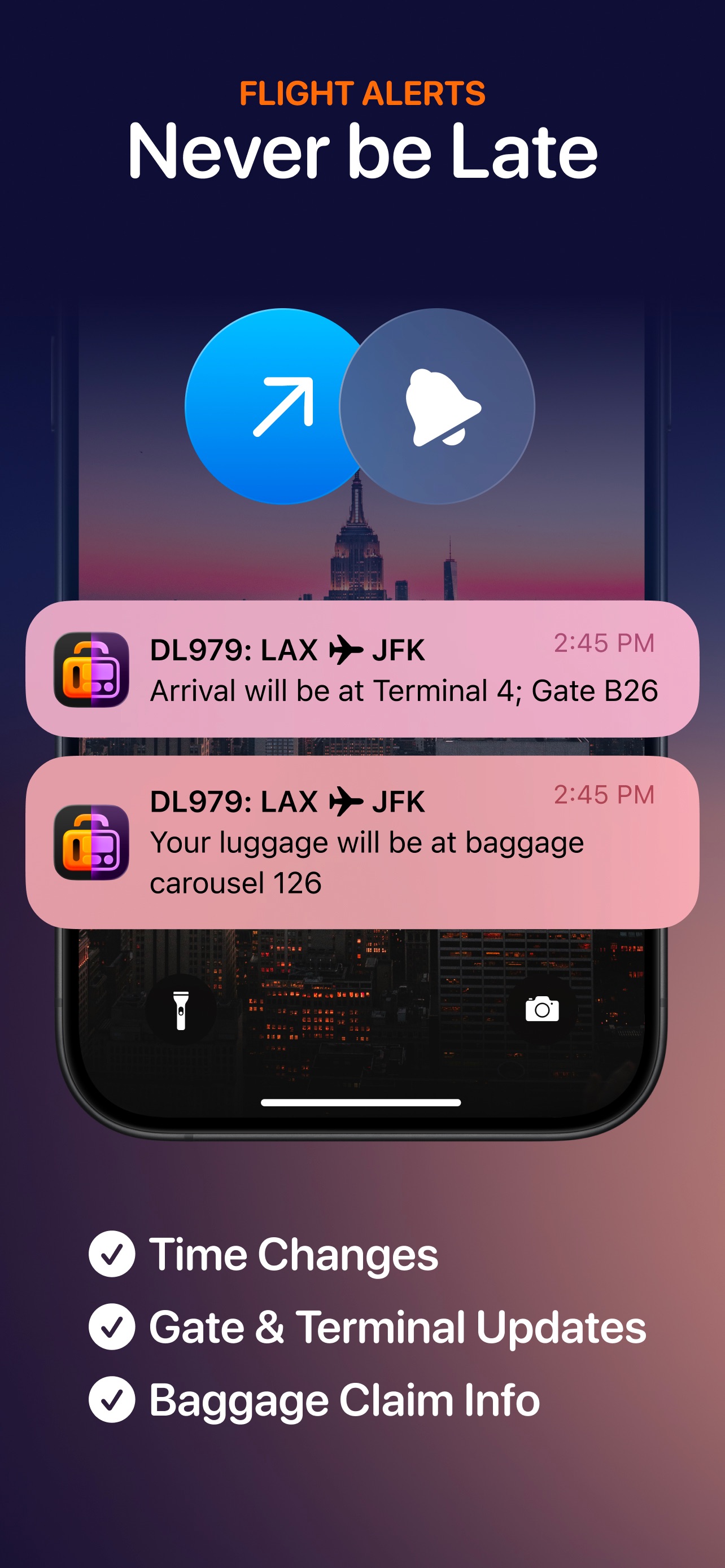 Tripsy App Store screenshot: FLIGHT ALERTS Never be Late Time Changes Gate & Terminal Updates Baggage Claim Info