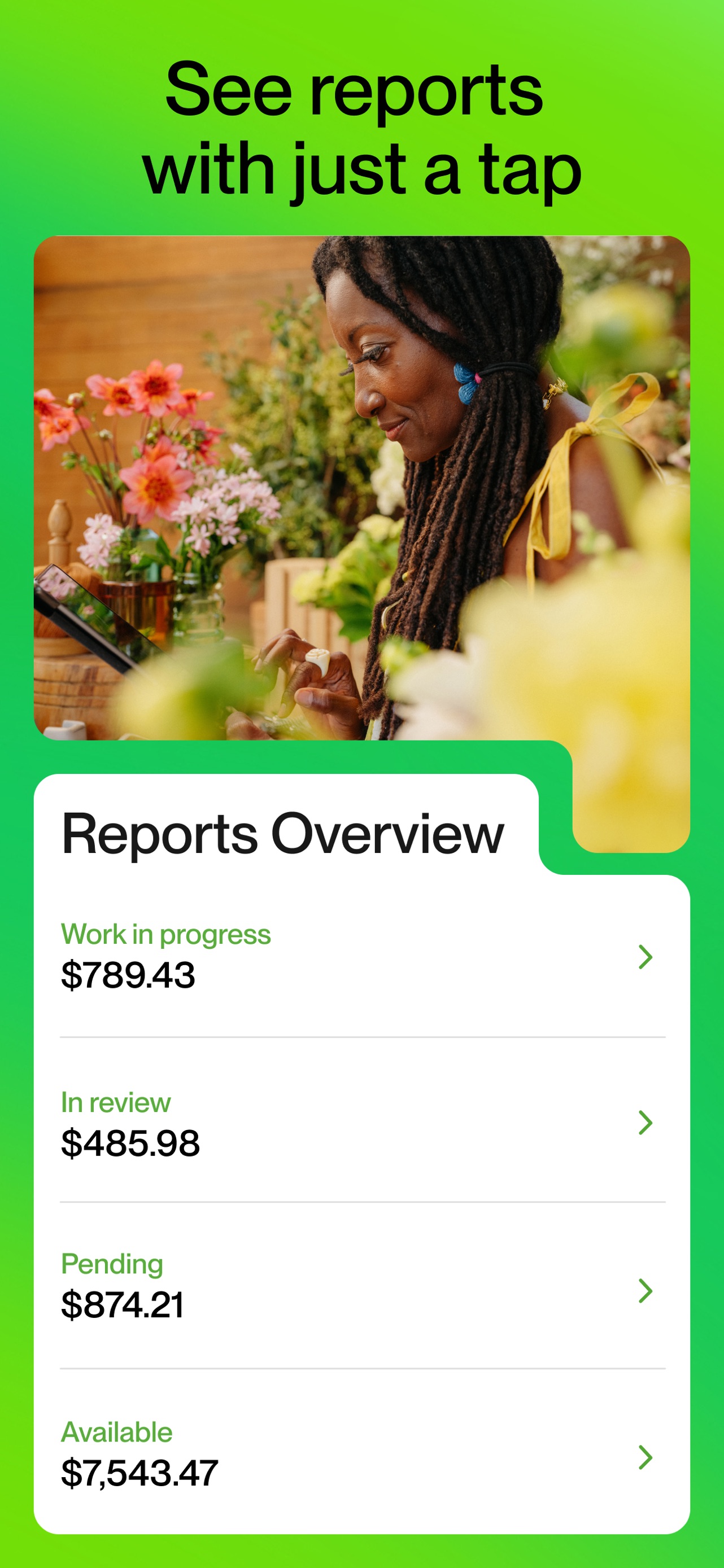 Upwork App Store screenshot: See reports with just a tap