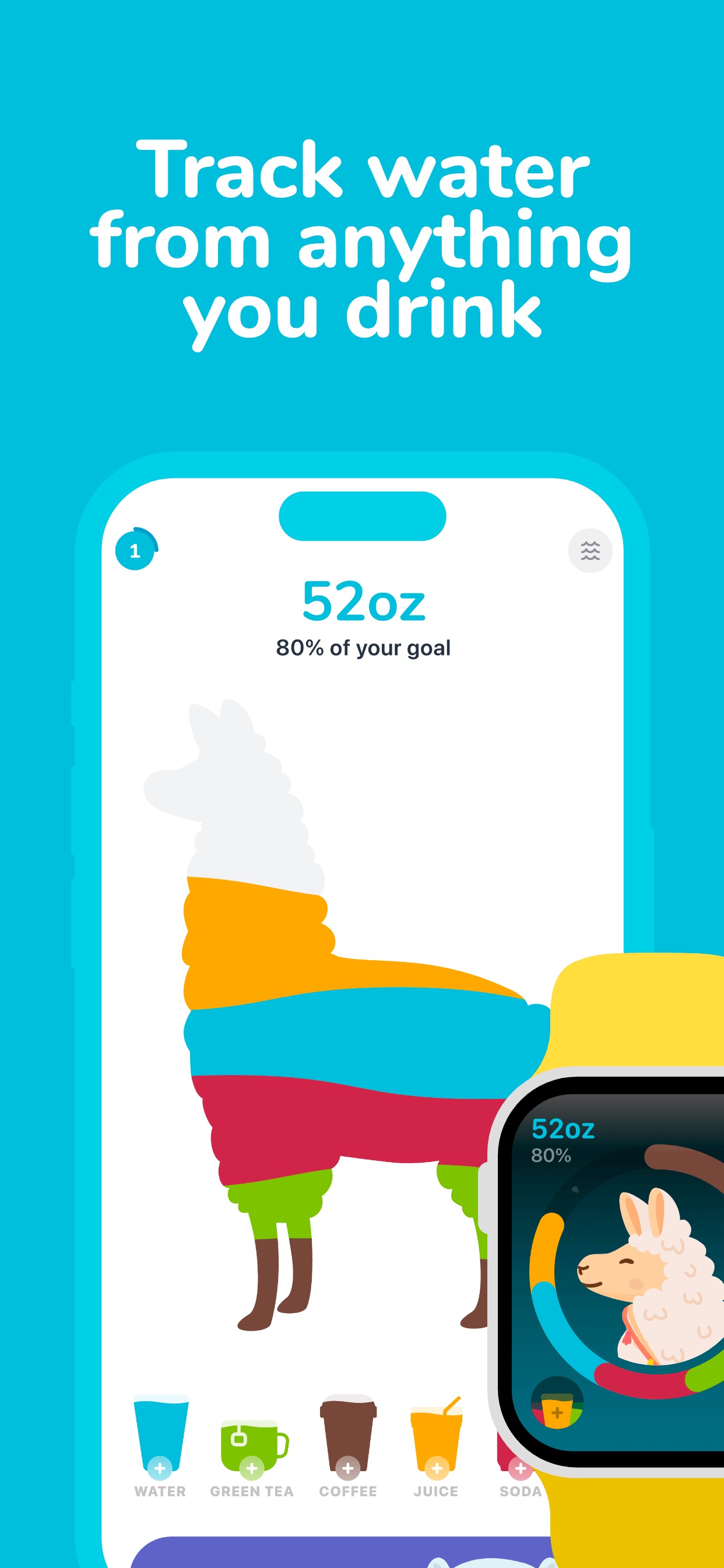 Waterllama App Store screenshot: Track water from anything you drink