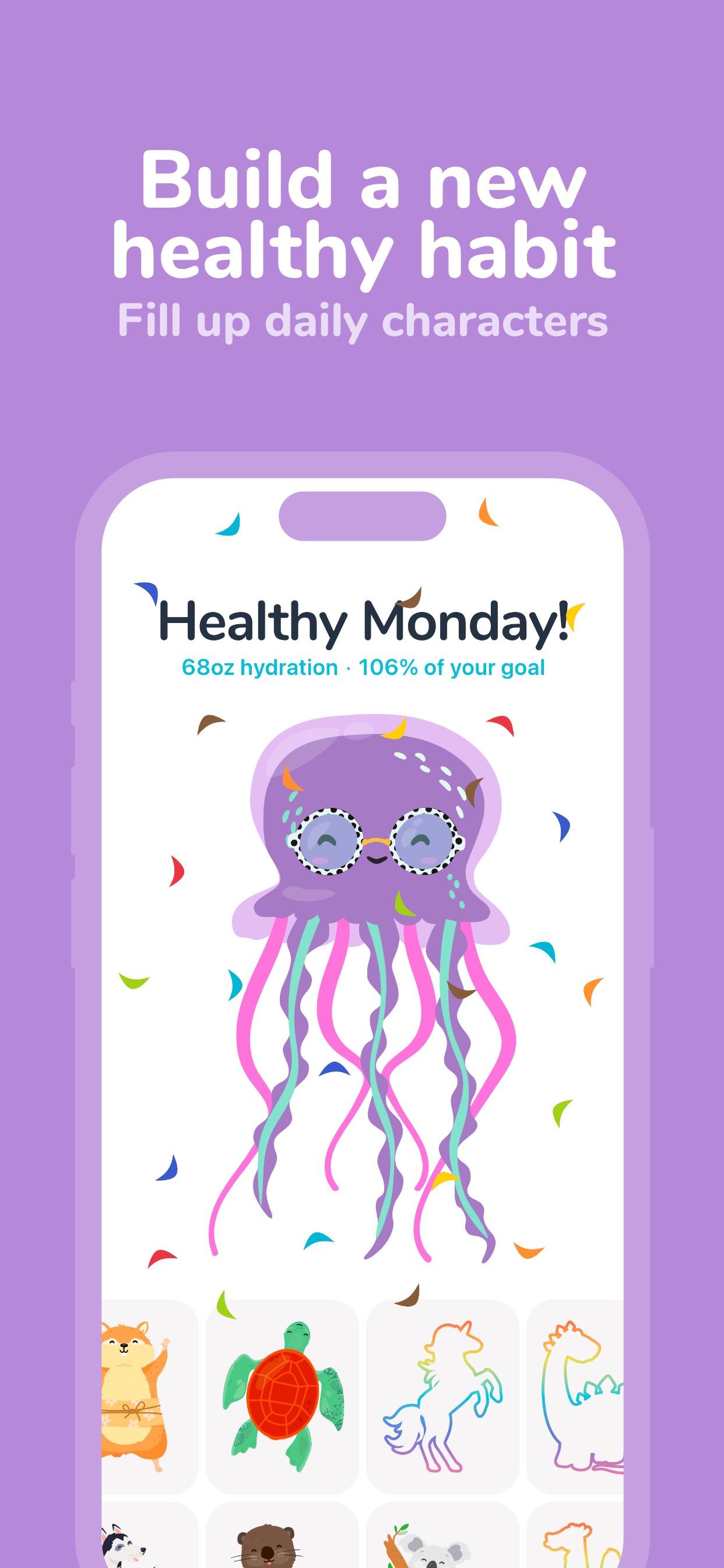 Waterllama App Store screenshot: Build a new healthy habit Fill up daily characters