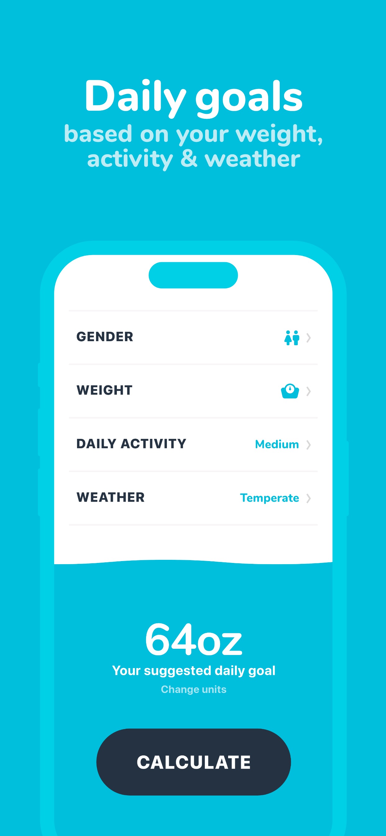 Waterllama App Store screenshot 9: Daily goals based on your weight, activity & weather