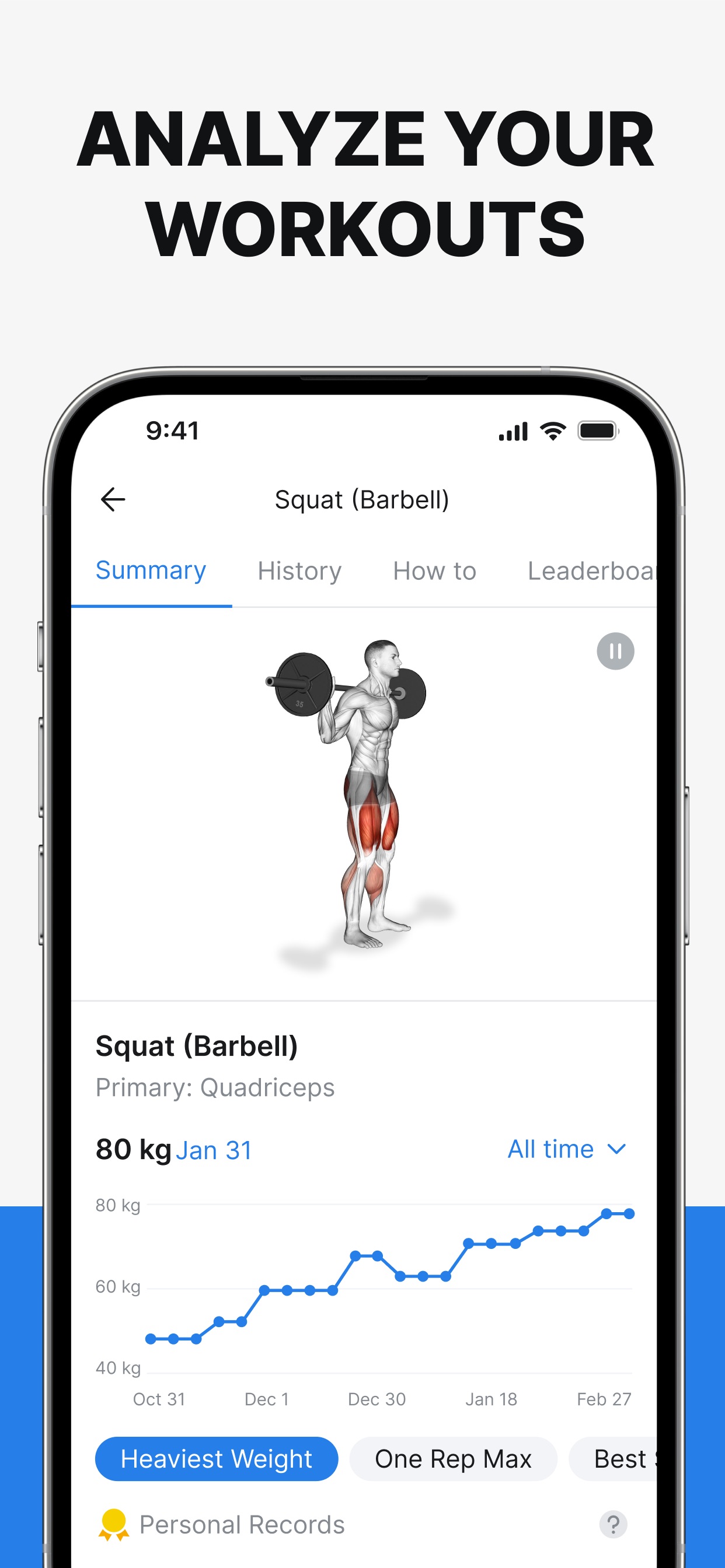Hevy App Store screenshot: ANALYZE YOUR WORKOUTS