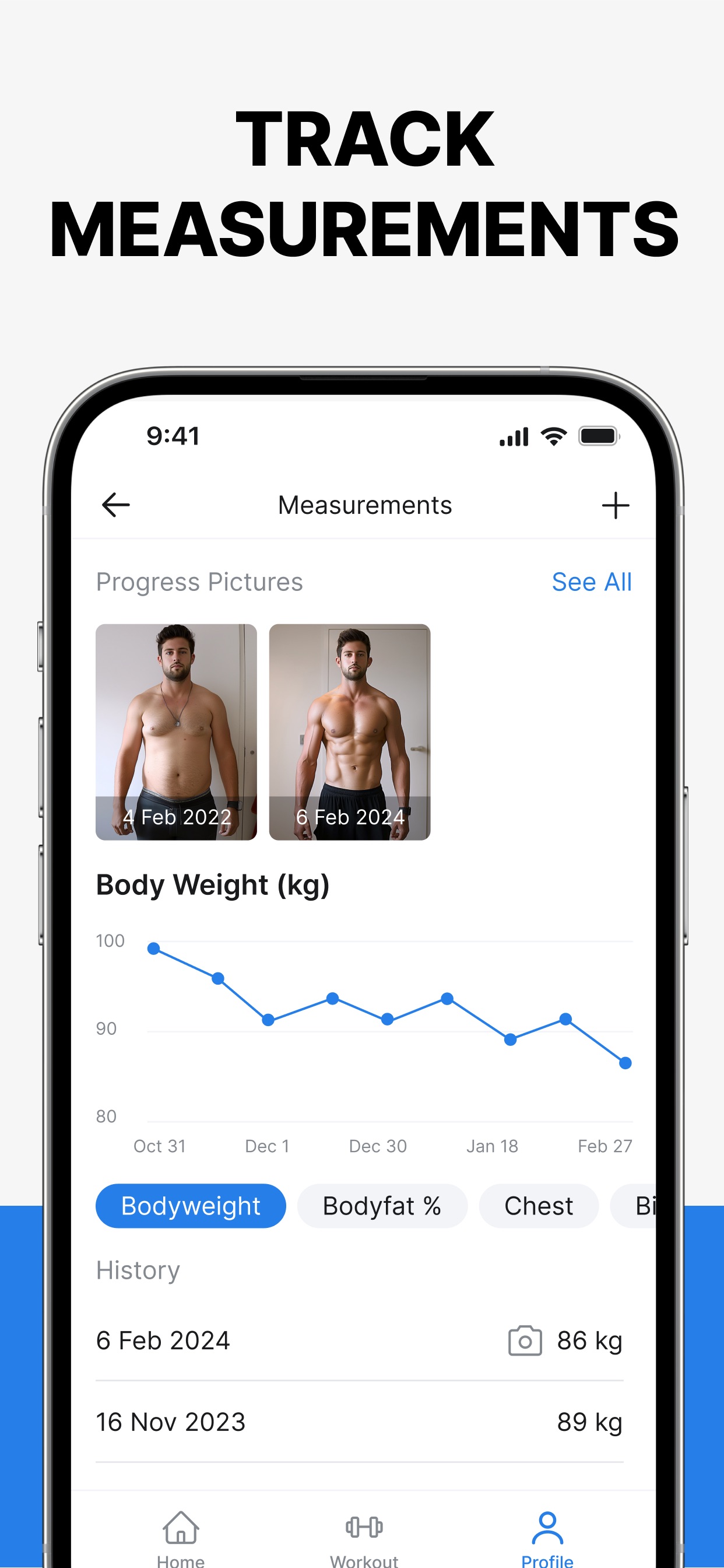 Hevy App Store screenshot 6: TRACK MEASUREMENTS