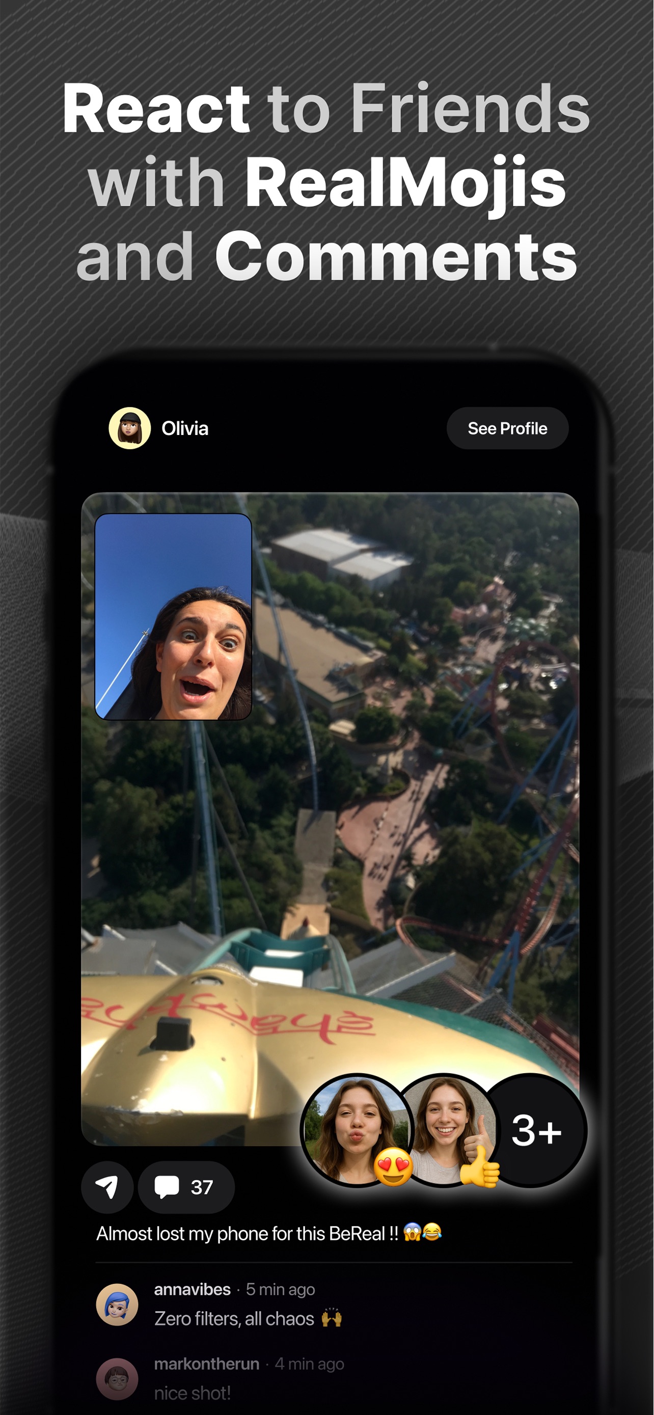 BeReal. App Store screenshot: React to Friends with RealMojis and Comments
