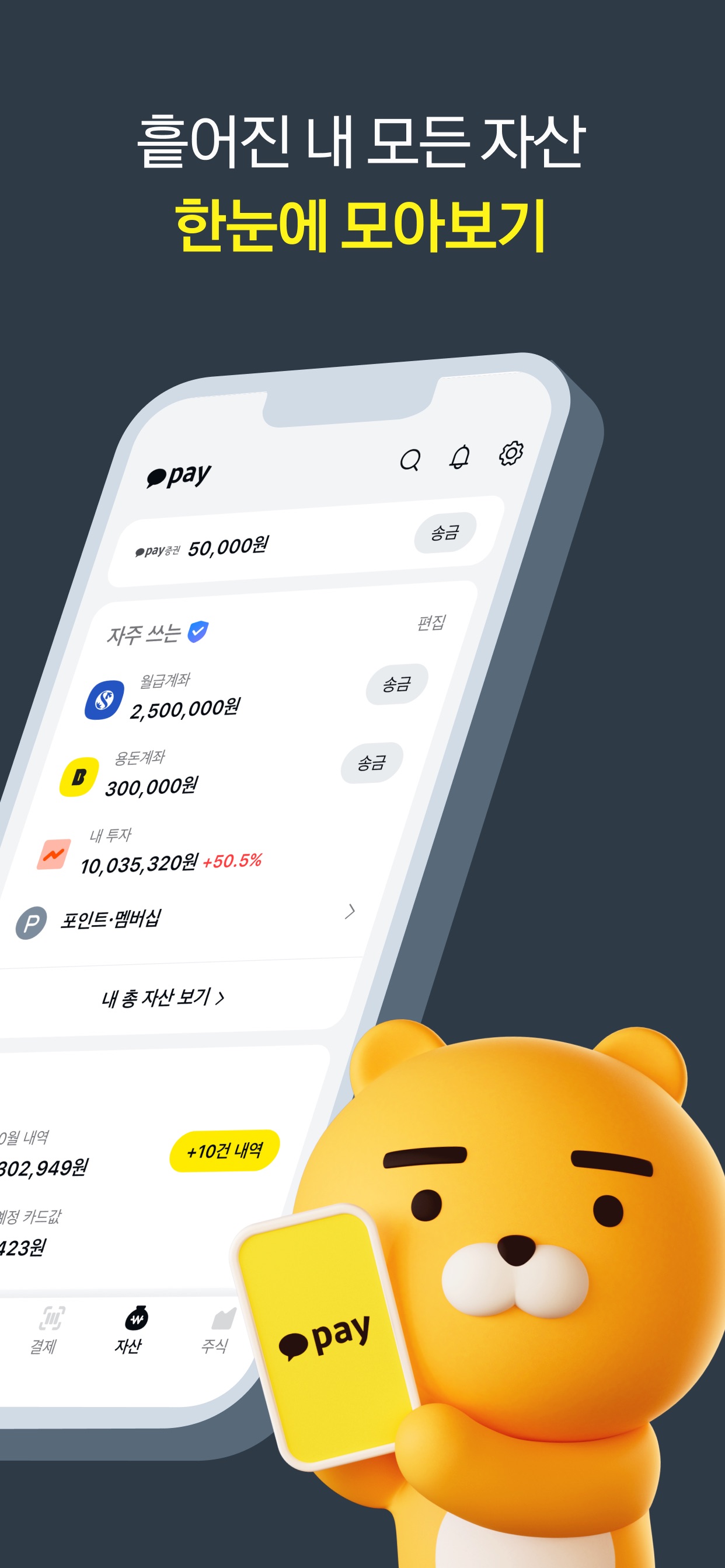 Kakao Pay App Store screenshot: 흩어진 내 모든 자산 한눈에 모아보기