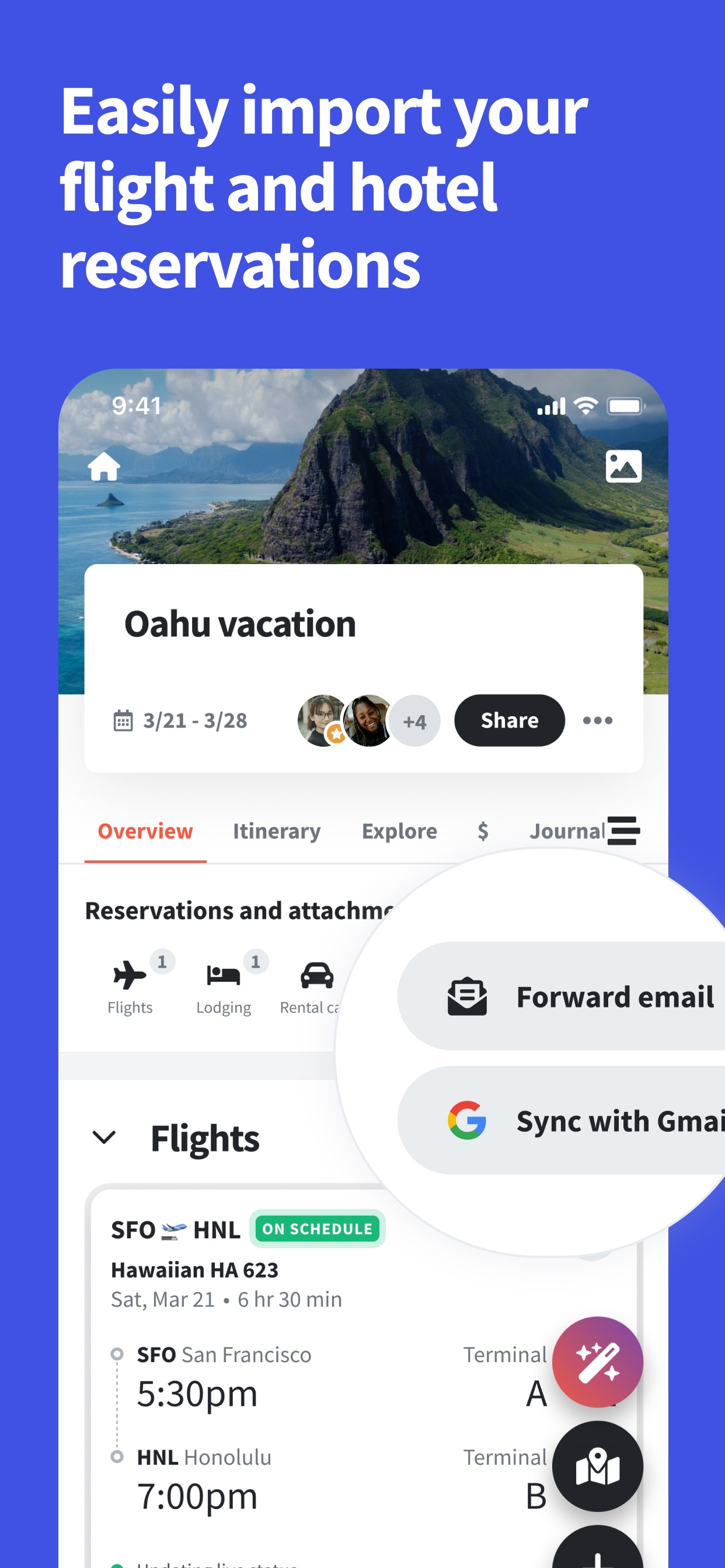 Wanderlog App Store screenshot: Easily import your flight and hotel reservations
