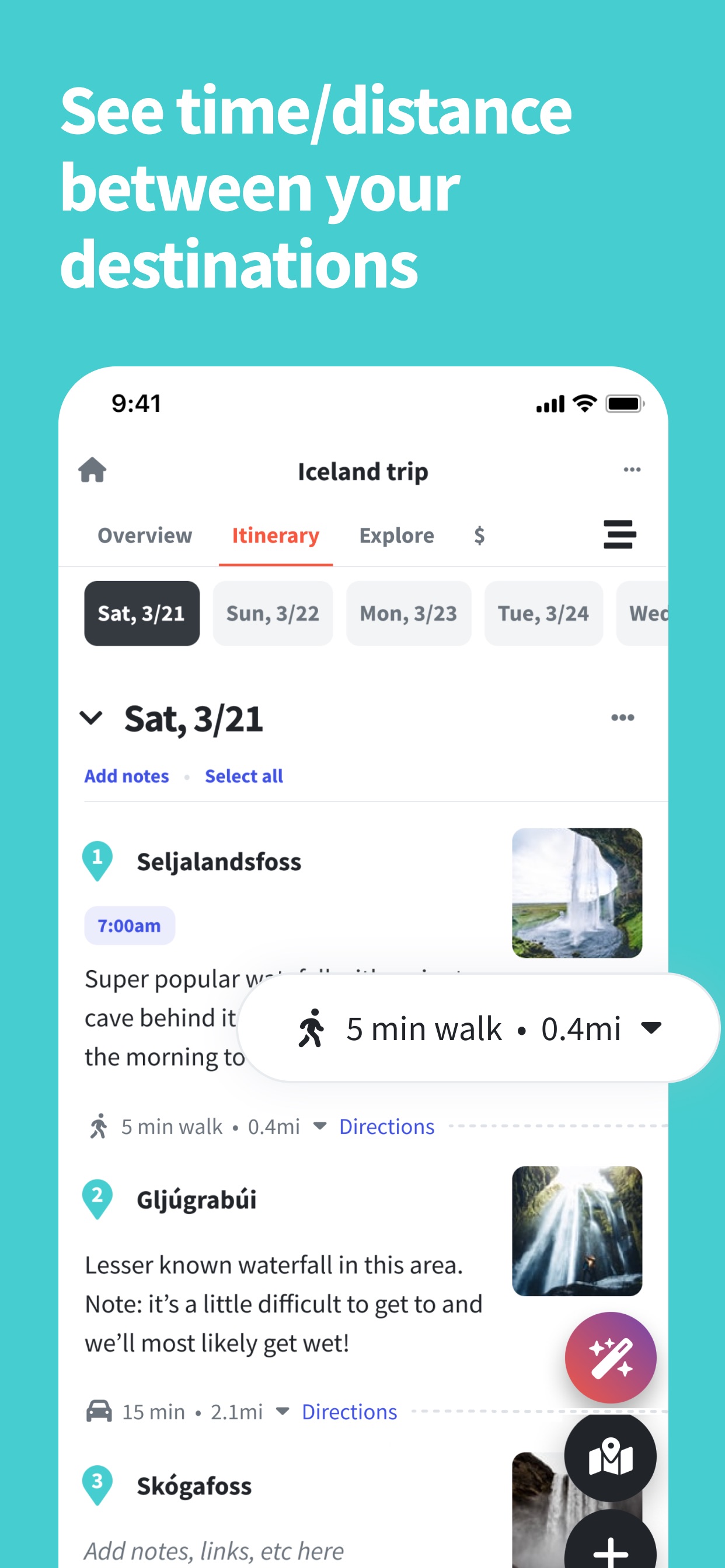 Wanderlog App Store screenshot 5: See time/distance between your destinations