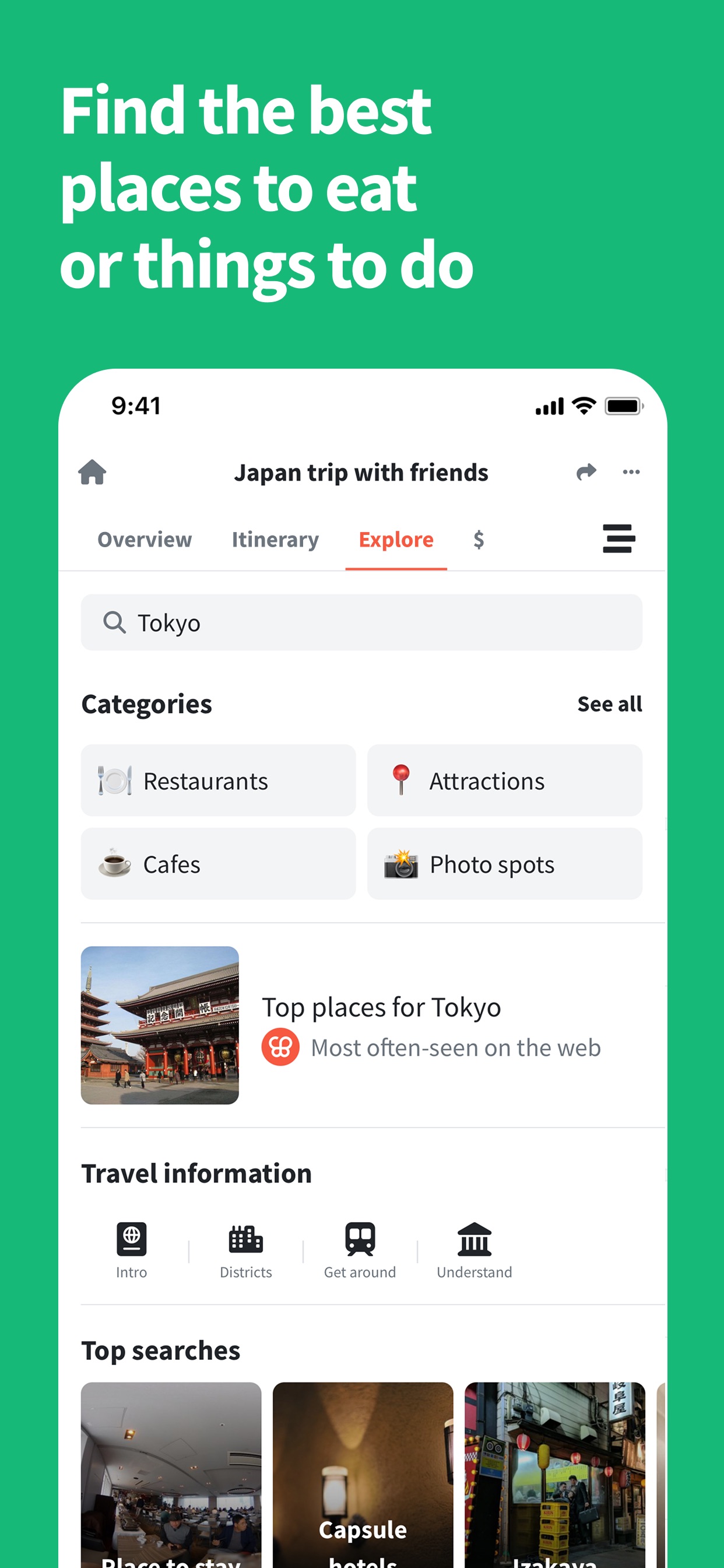 Wanderlog App Store screenshot: Find the best places to eat or things to do