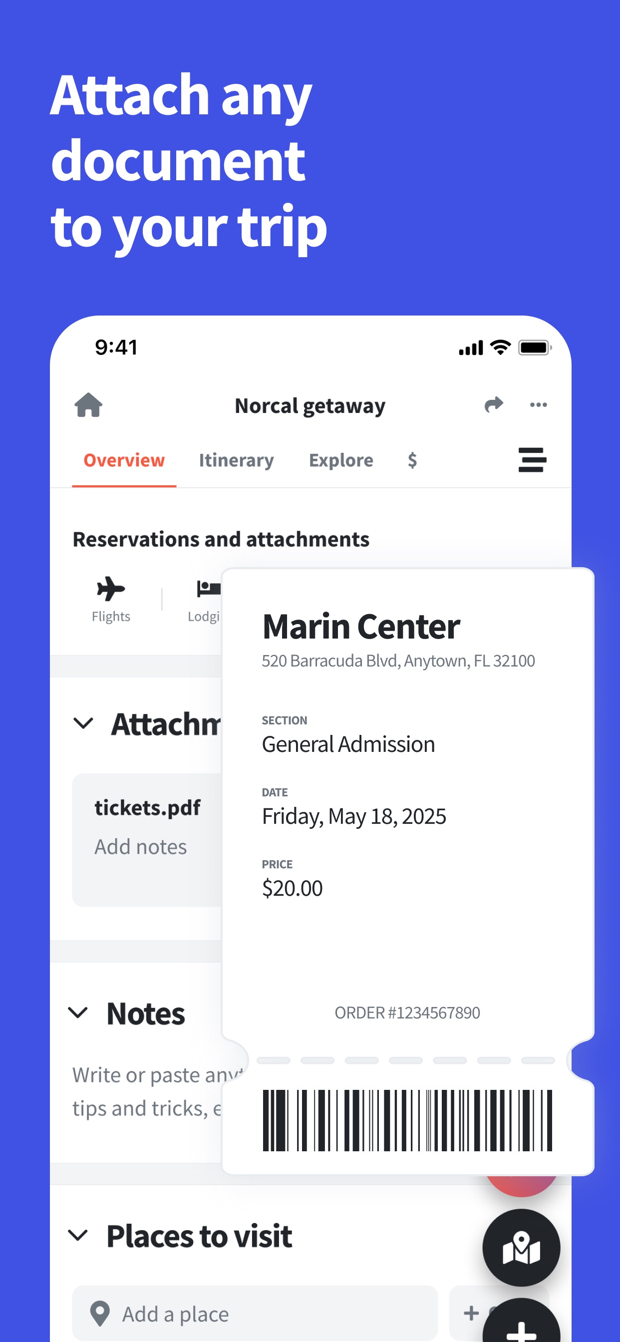 Wanderlog App Store screenshot 8: Attach any document to your trip