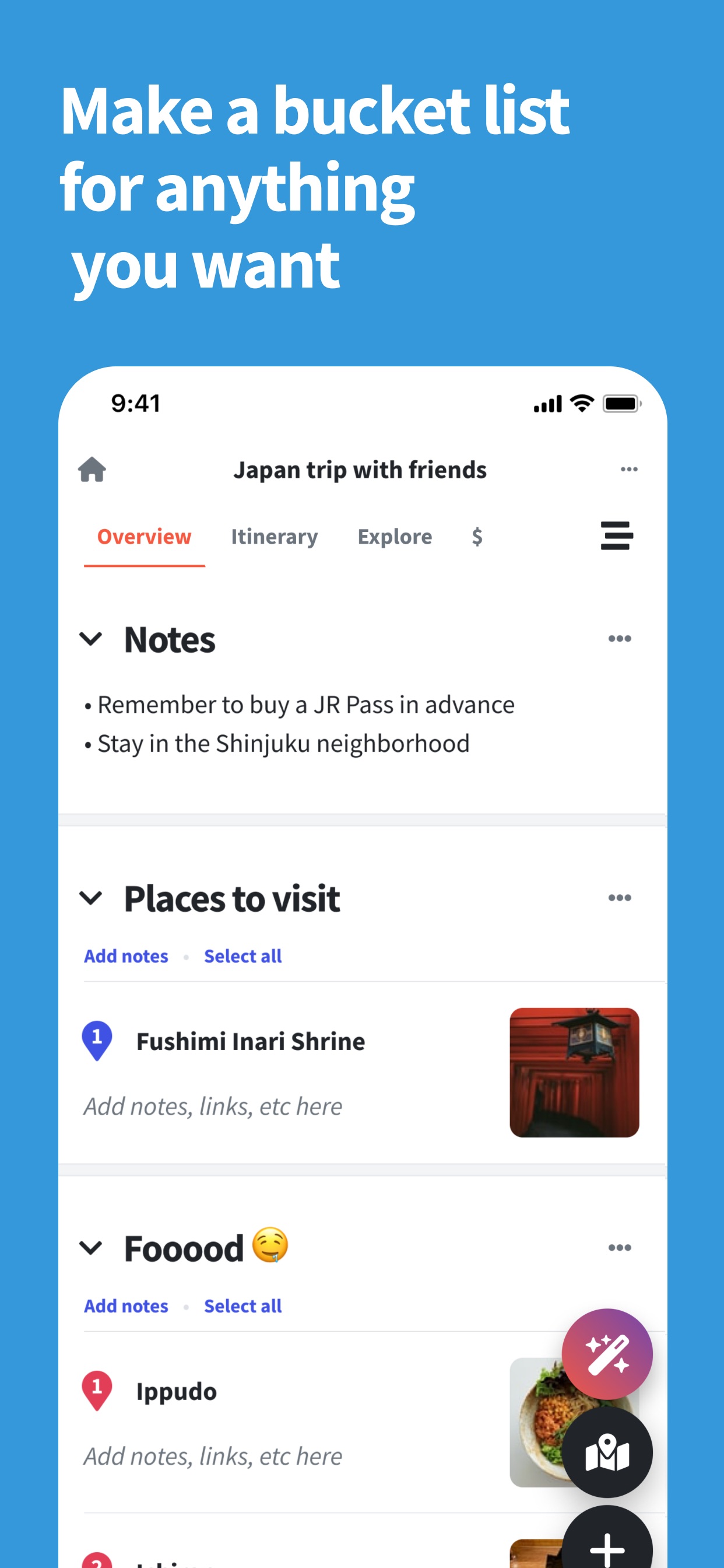 Wanderlog App Store screenshot 9: Make a bucket list for anything you want