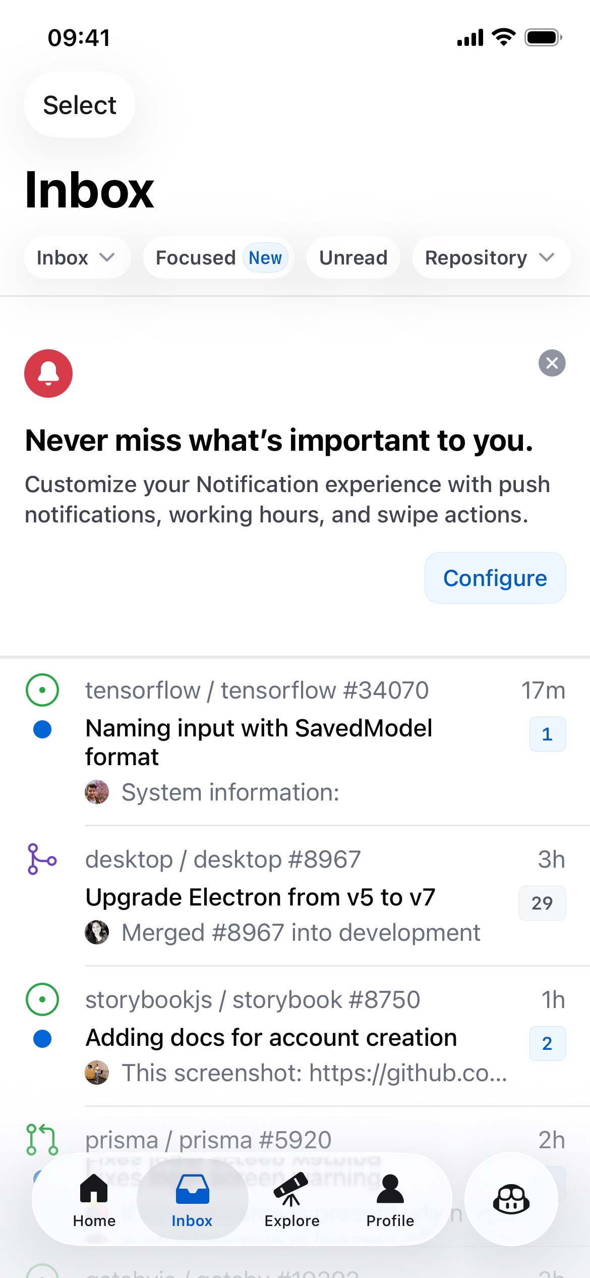 GitHub App Store screenshot: Never miss what's important to you. Customize your Notification experience with push notifications, working hours, and swipe actions.