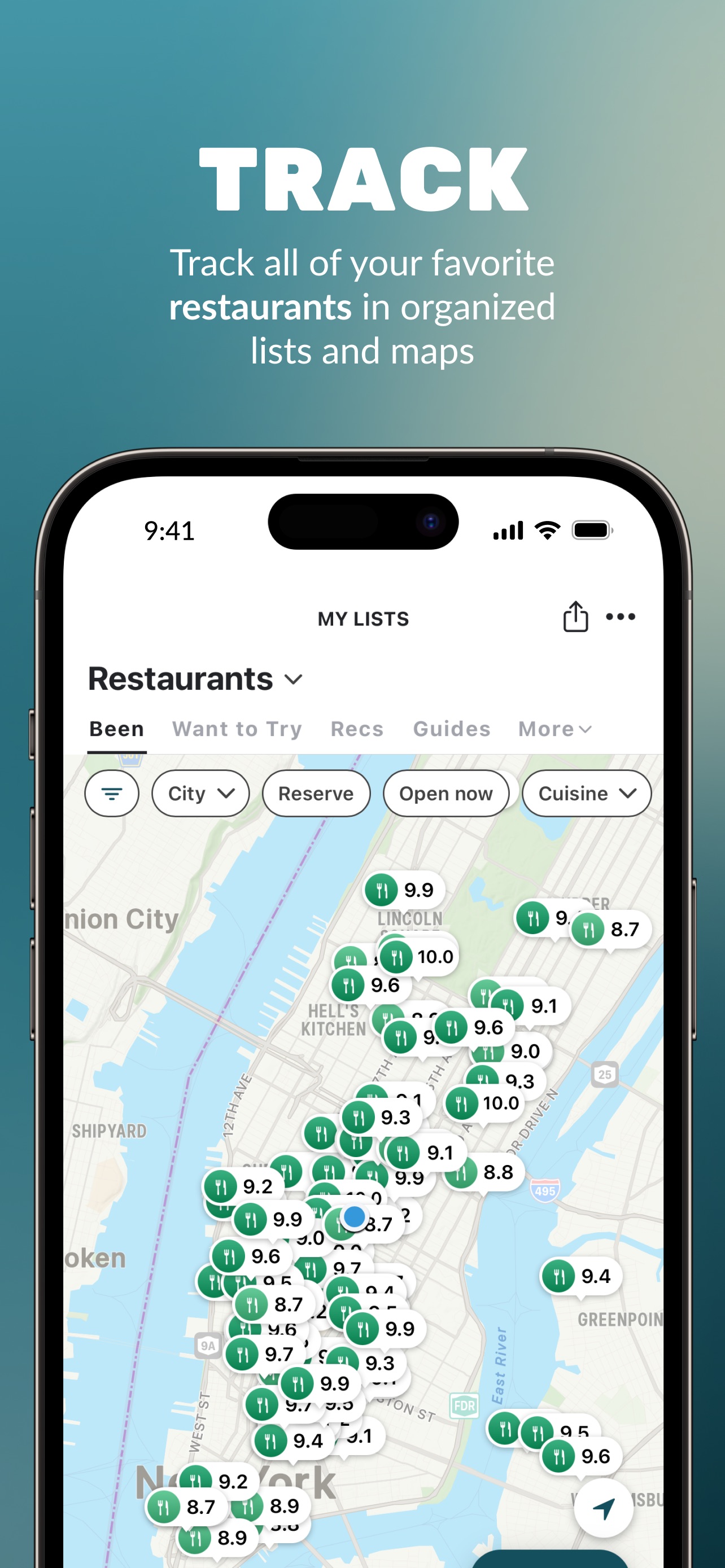 Beli App Store screenshot: TRACK Track all of your favorite restaurants in organized lists and maps