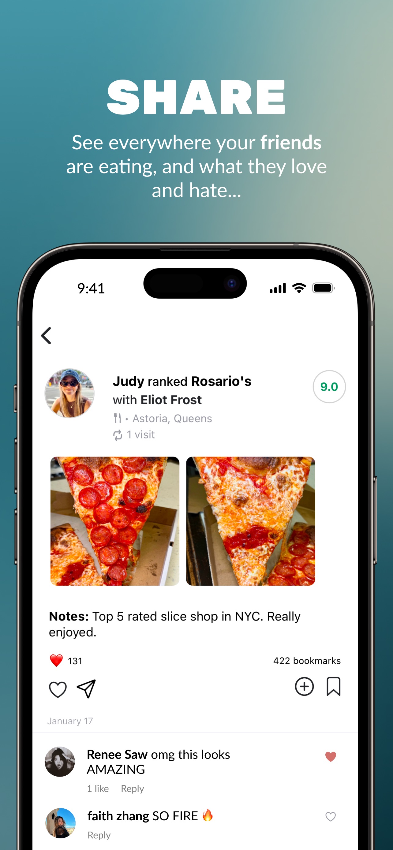Beli App Store screenshot: SHARE See everywhere your friends are eating, and what they love and hate...