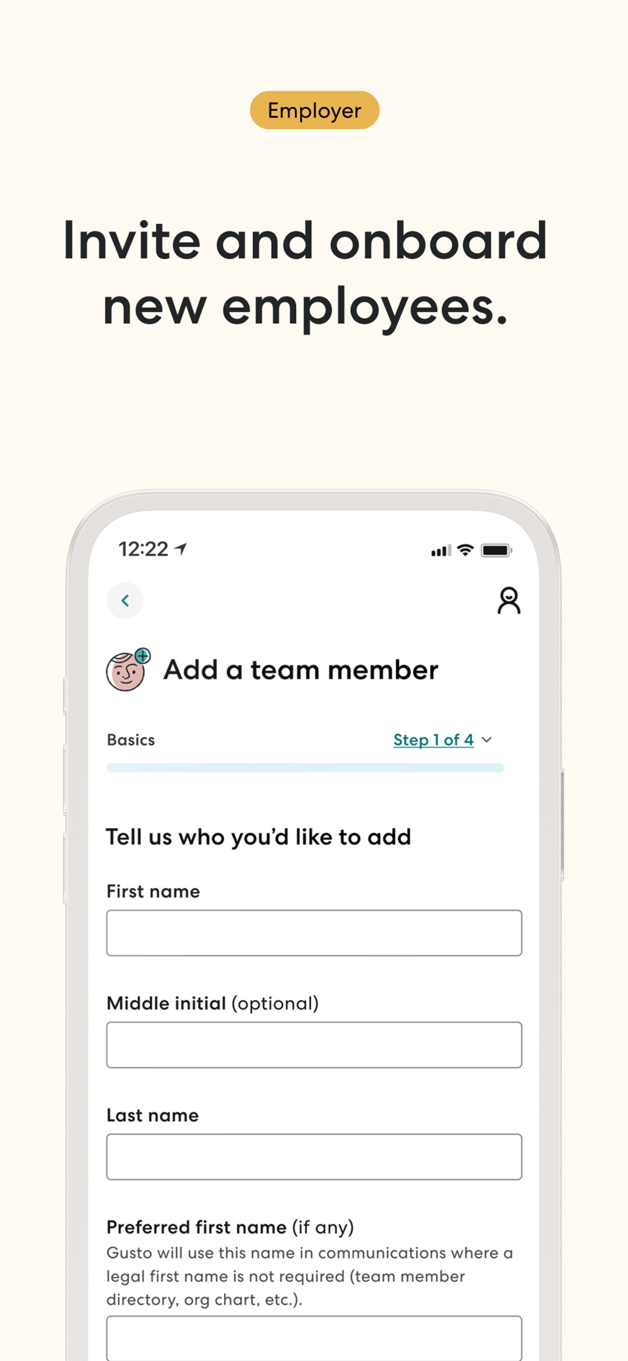 Gusto Mobile App Store screenshot: Invite and onboard new employees.