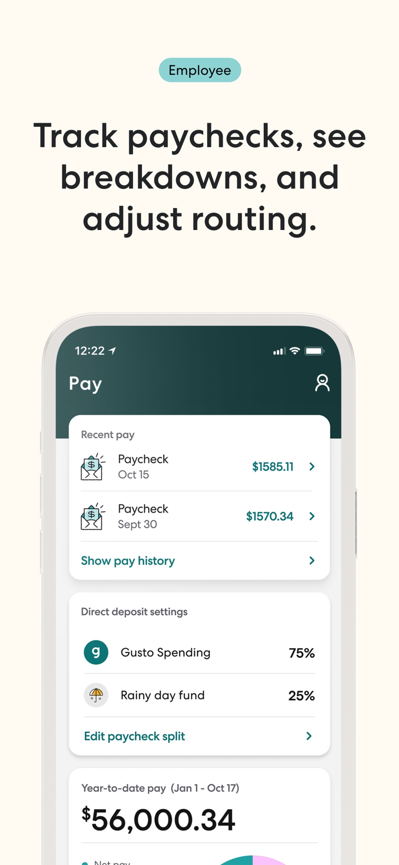 Gusto Mobile App Store screenshot 5: Track paychecks, see breakdowns, and adjust routing.