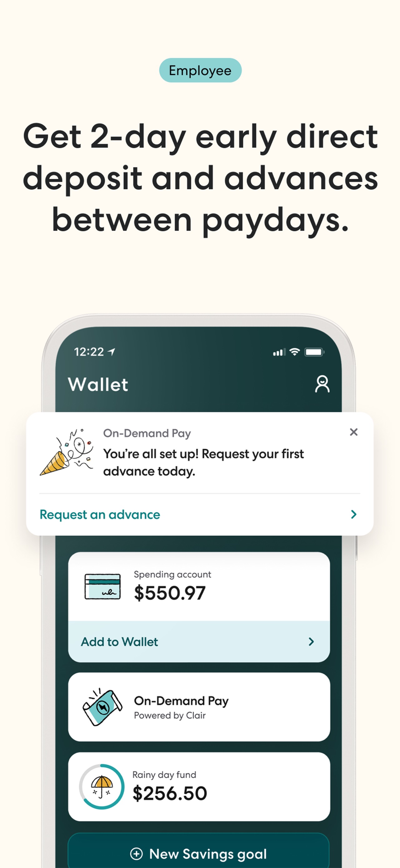 Gusto Mobile App Store screenshot 6: Get 2-day early direct deposit and advances between paydays.