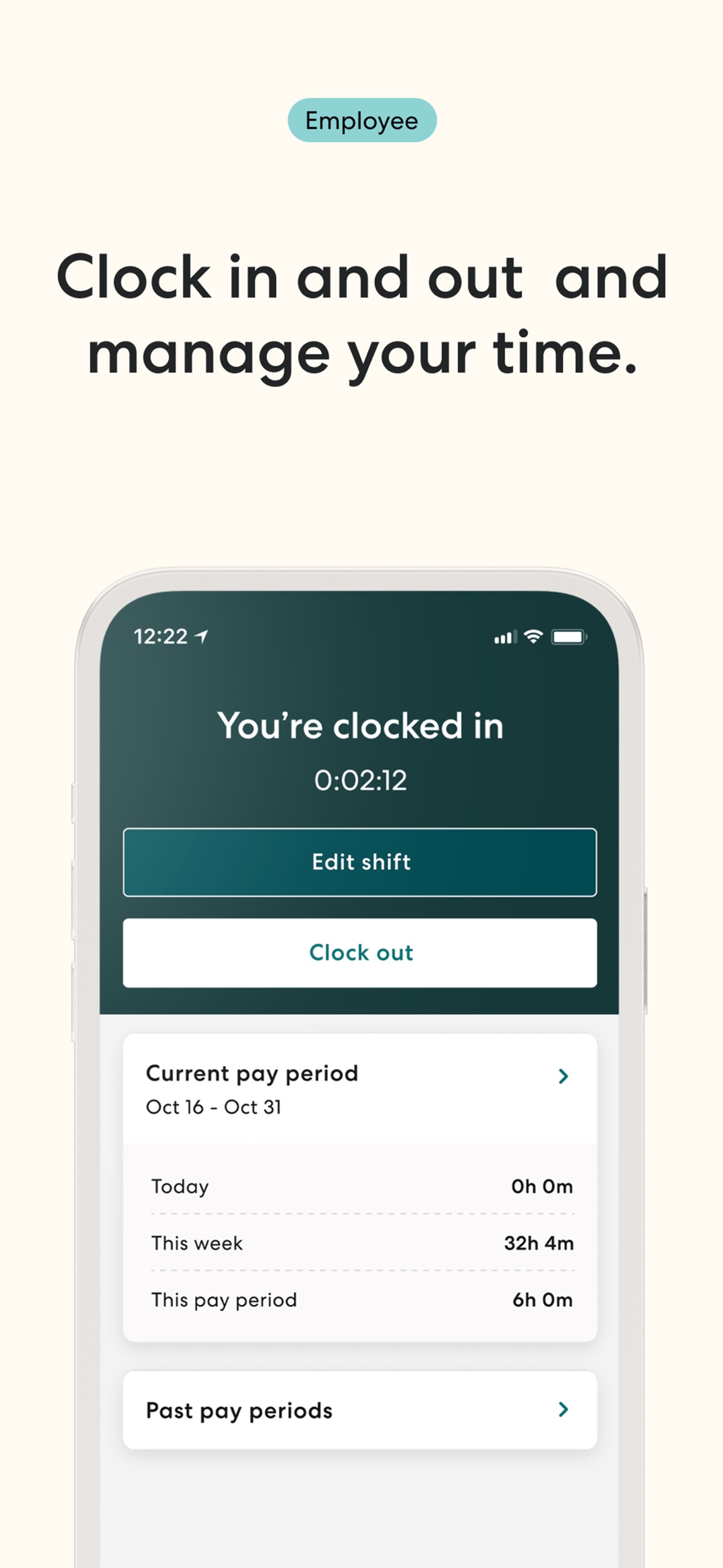 Gusto Mobile App Store screenshot 7: Clock in and out and manage your time.