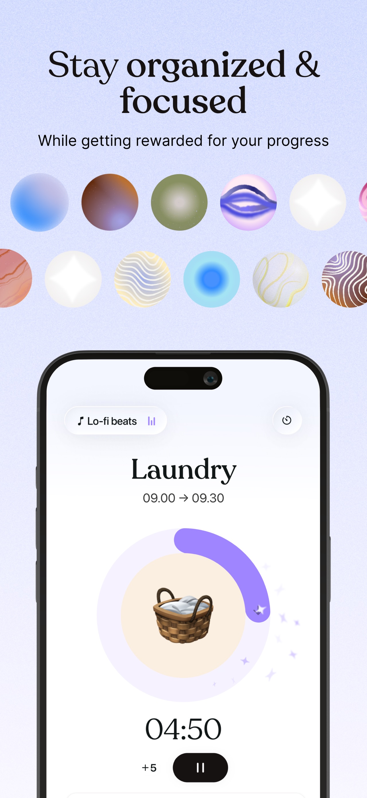 Tiimo App Store screenshot 6: Stay organized & focused While getting rewarded for your progress