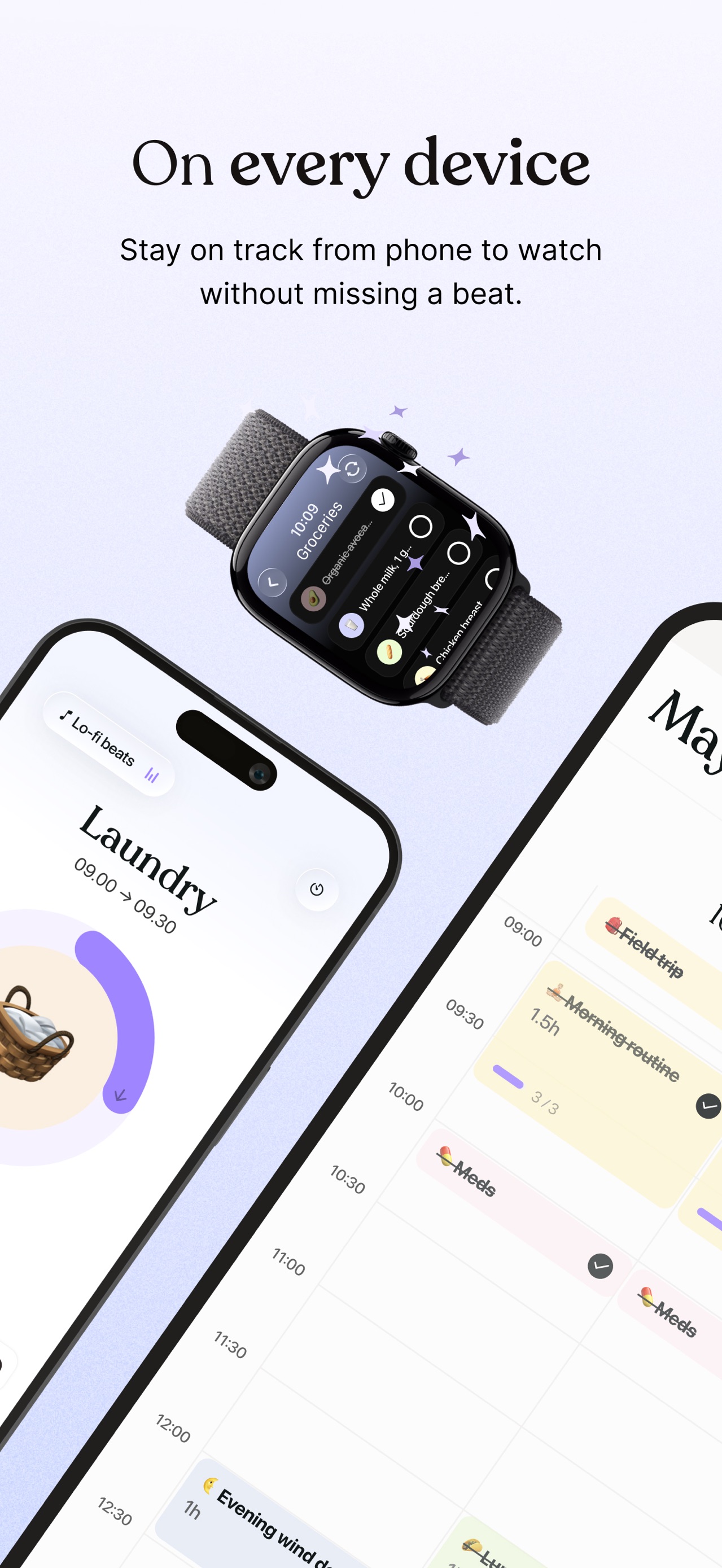 Tiimo App Store screenshot 7: On every device Stay on track from phone to watch without missing a beat.