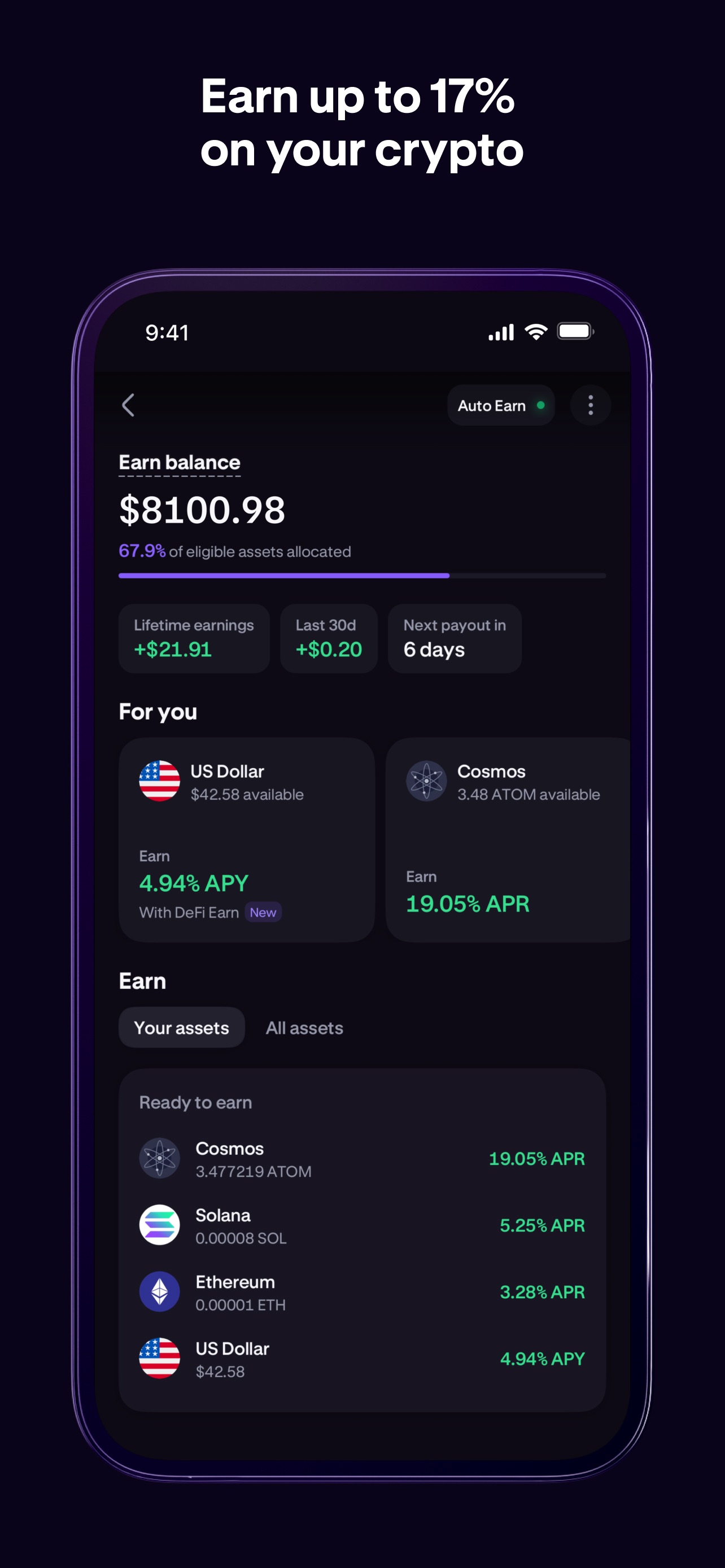 Kraken App Store screenshot: Earn up to 17% on your crypto