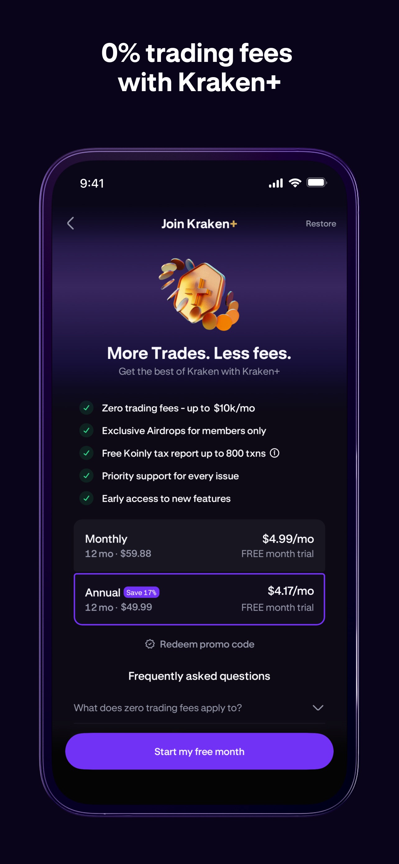 Kraken App Store screenshot: 0% trading fees with Kraken+