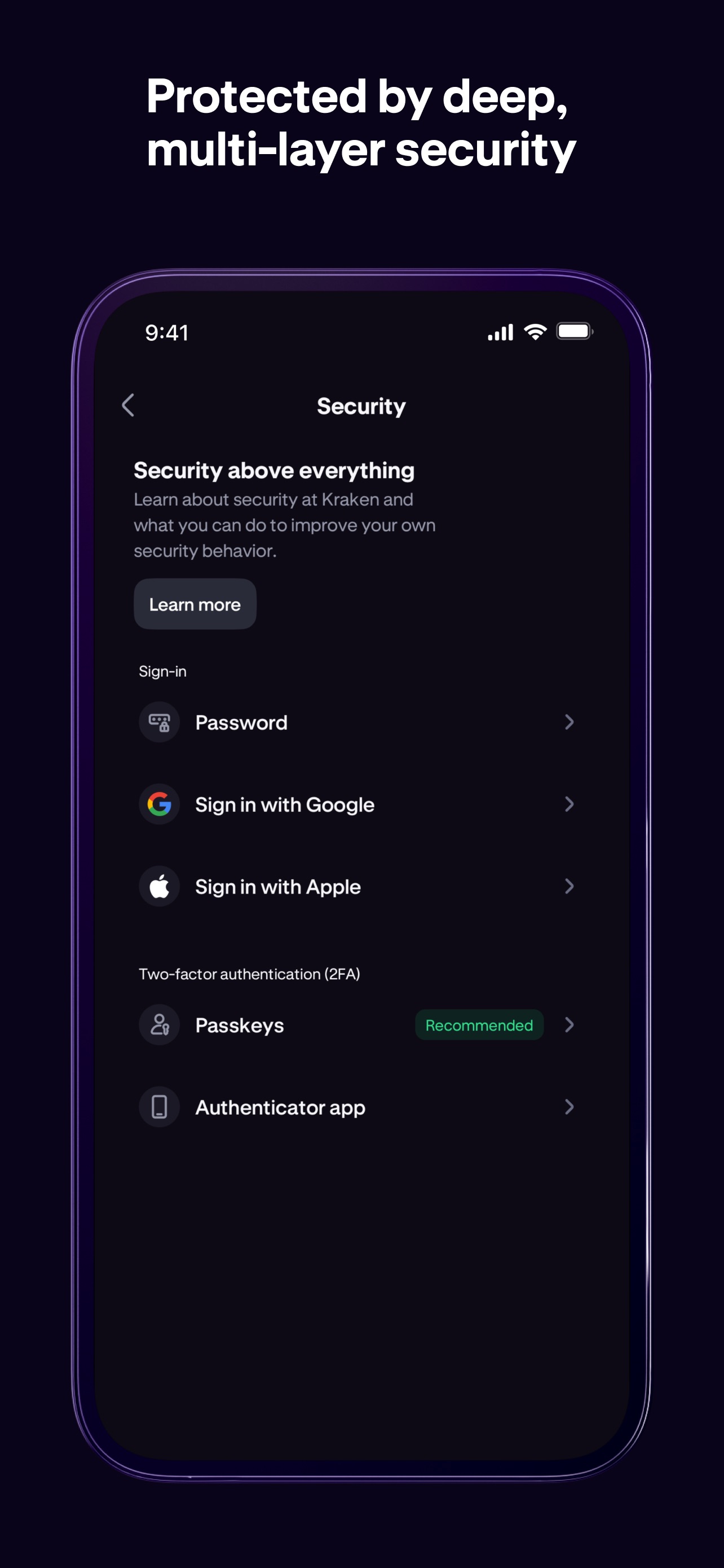 Kraken App Store screenshot: Protected by deep, multi-layer security