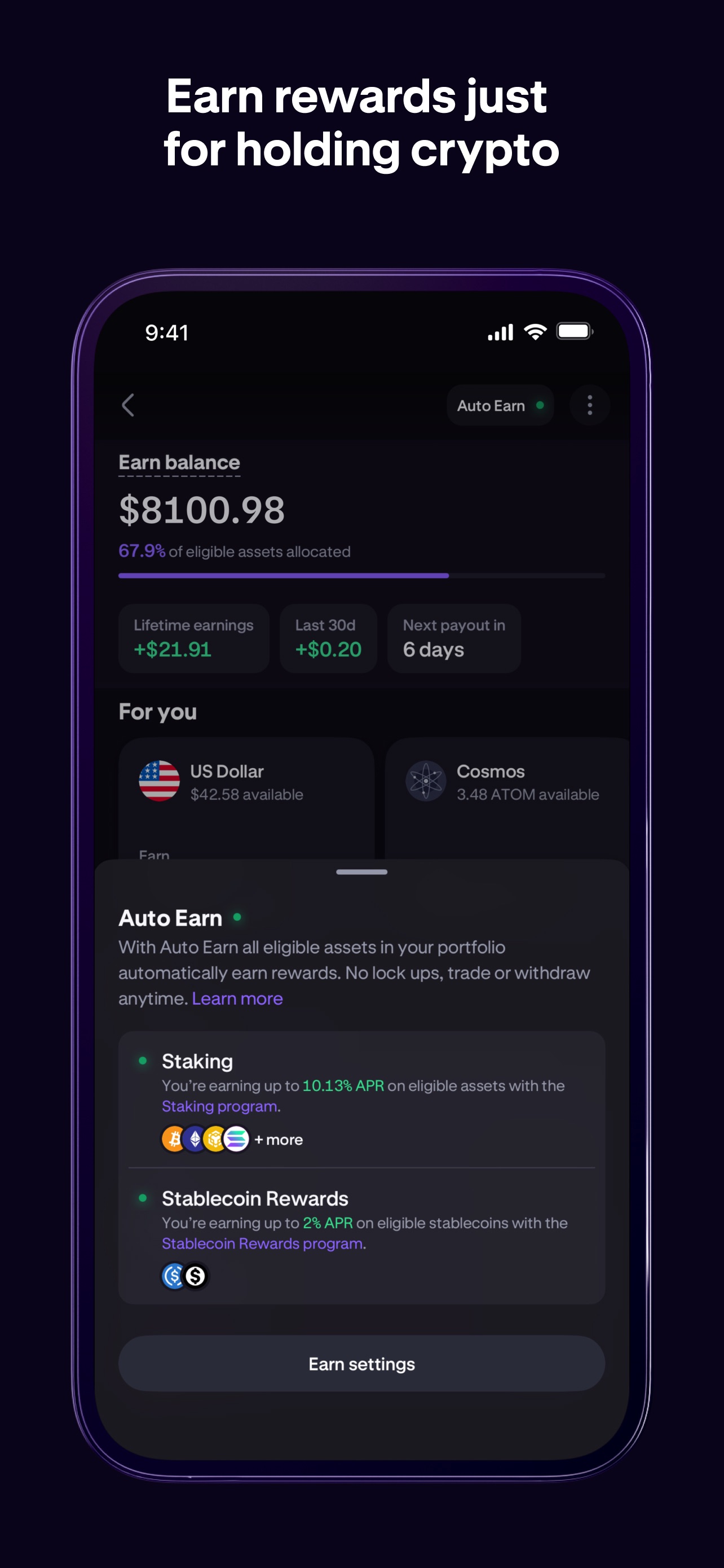 Kraken App Store screenshot 9: Earn rewards just for holding crypto