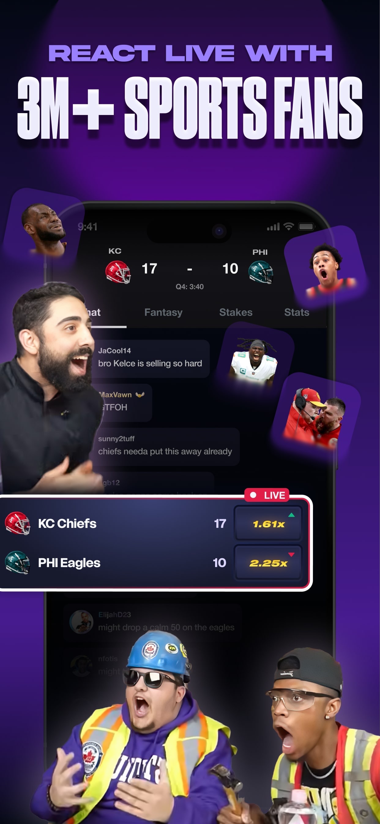 Stadium Live App Store screenshot: REACT LIVE WITH
3M+ SPORTS FANS
