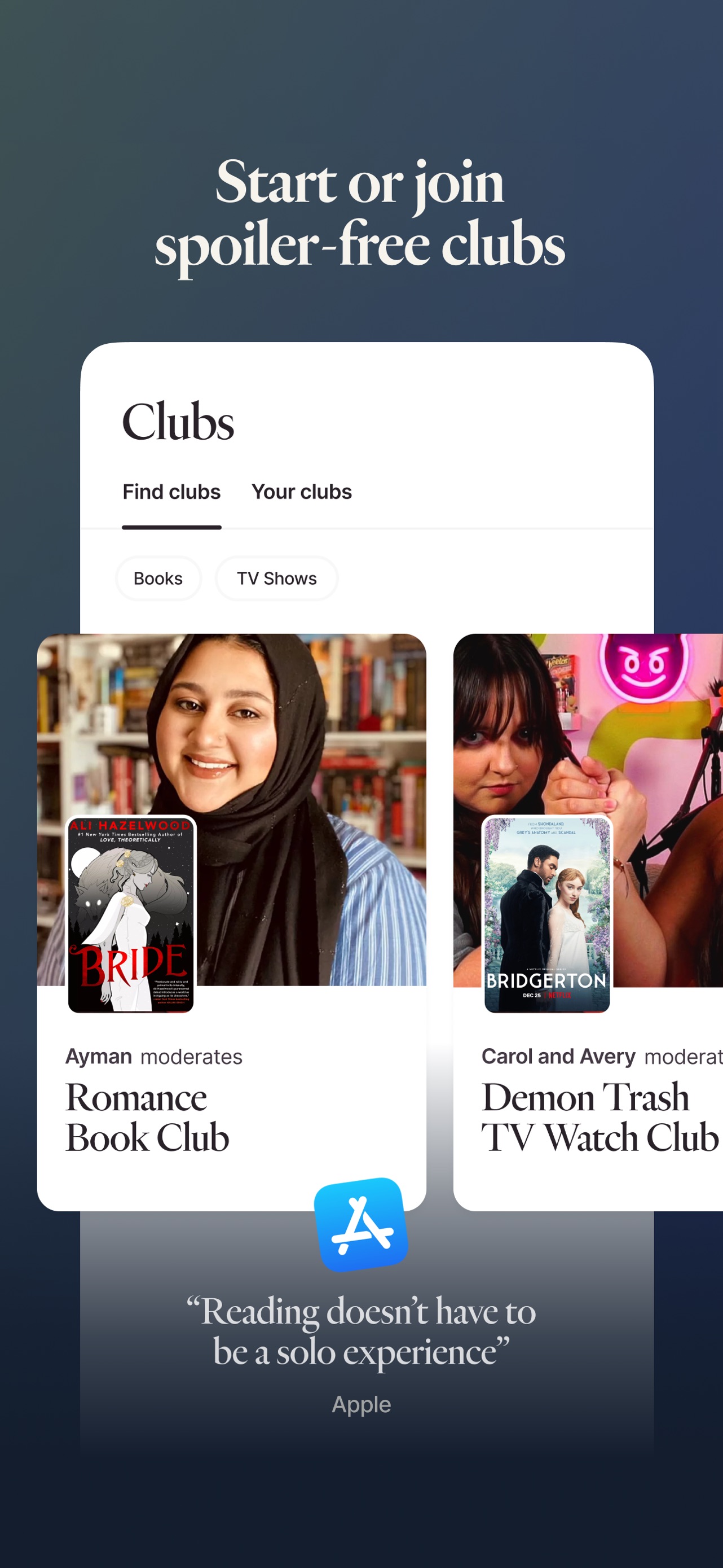 Fable App Store screenshot: Start or join spoiler-free clubs