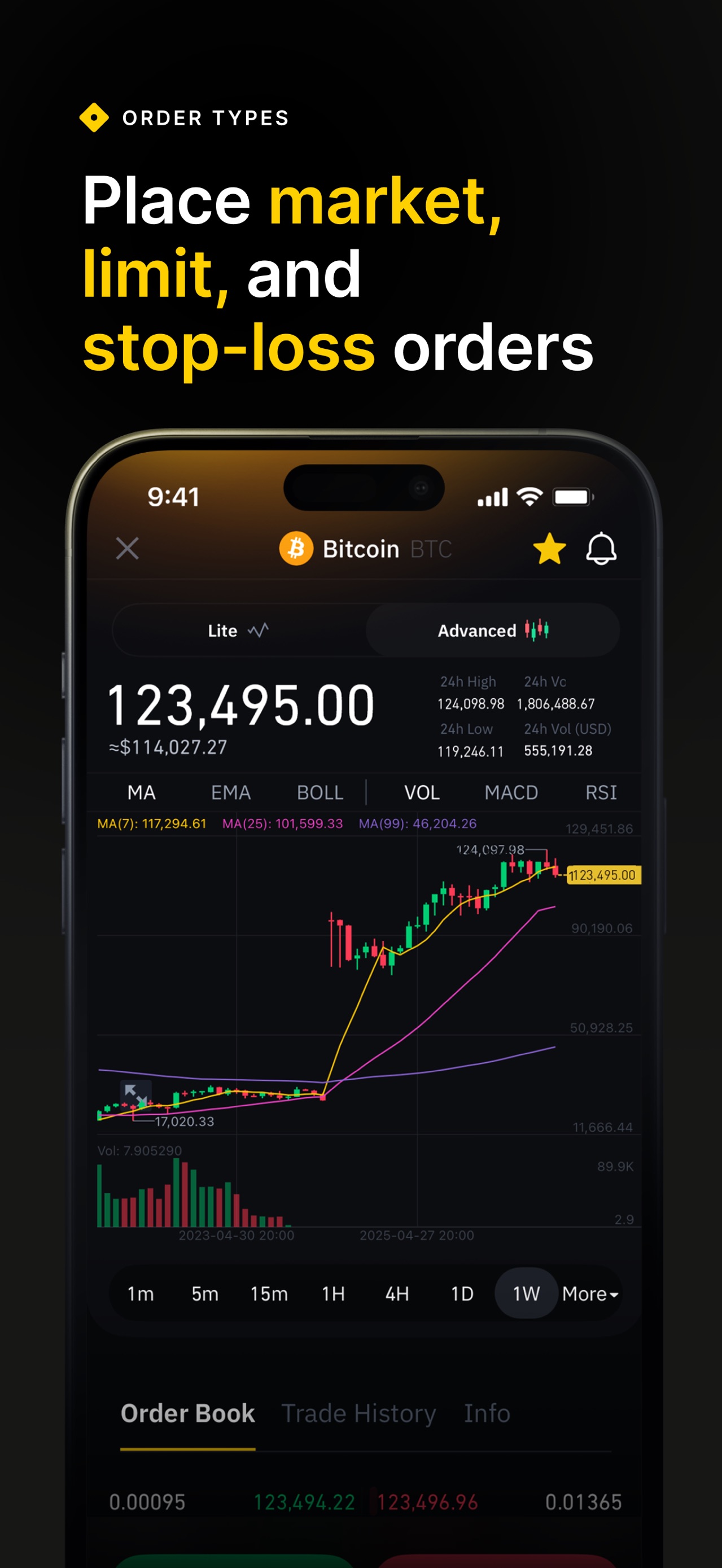 Binance App Store screenshot: ORDER TYPES Place market, limit, and stop-loss orders