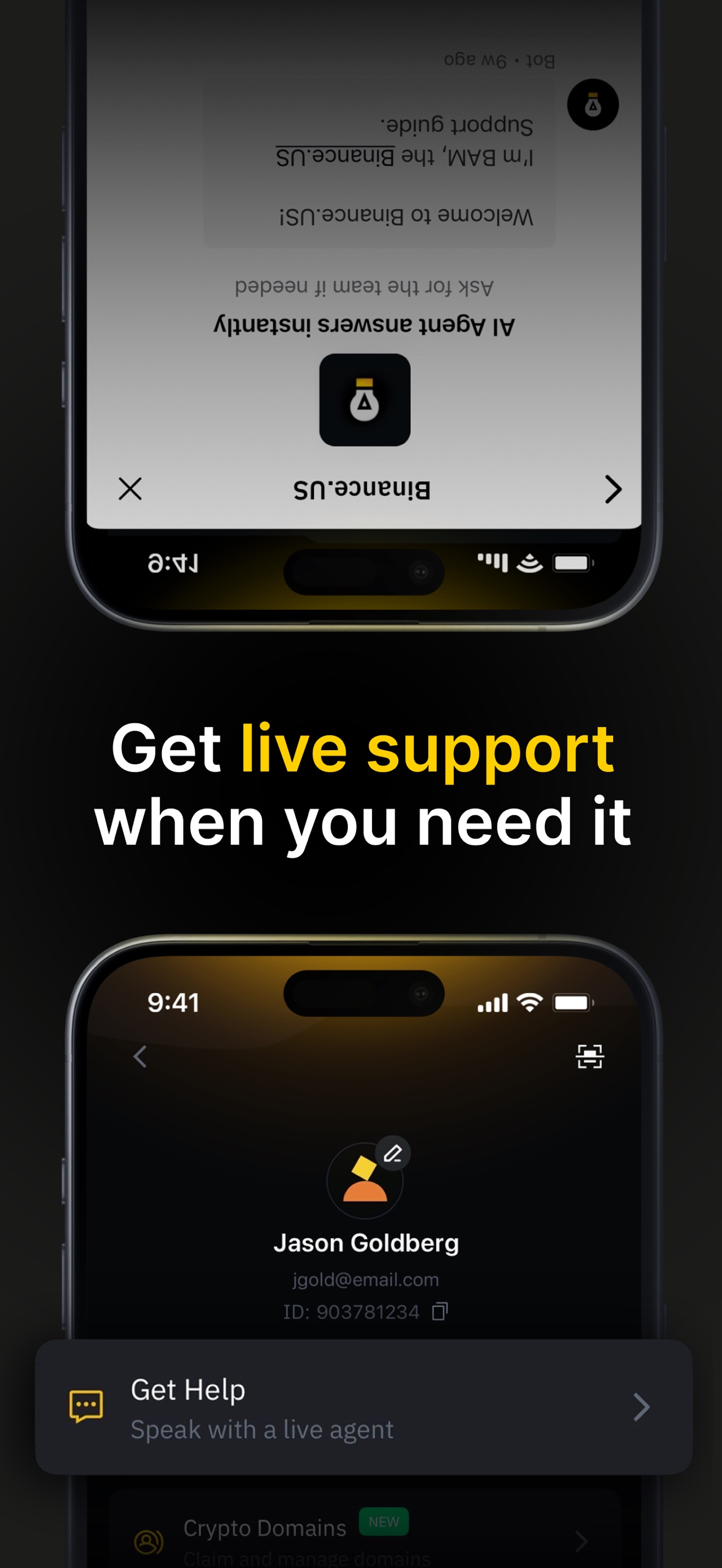 Binance App Store screenshot 9: Get live support when you need it