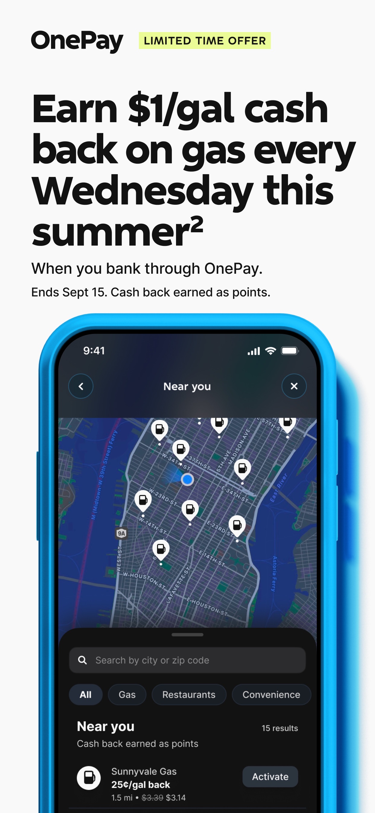 One App Store screenshot 6: Earn $1/gal cash back on gas every Wednesday this summer²