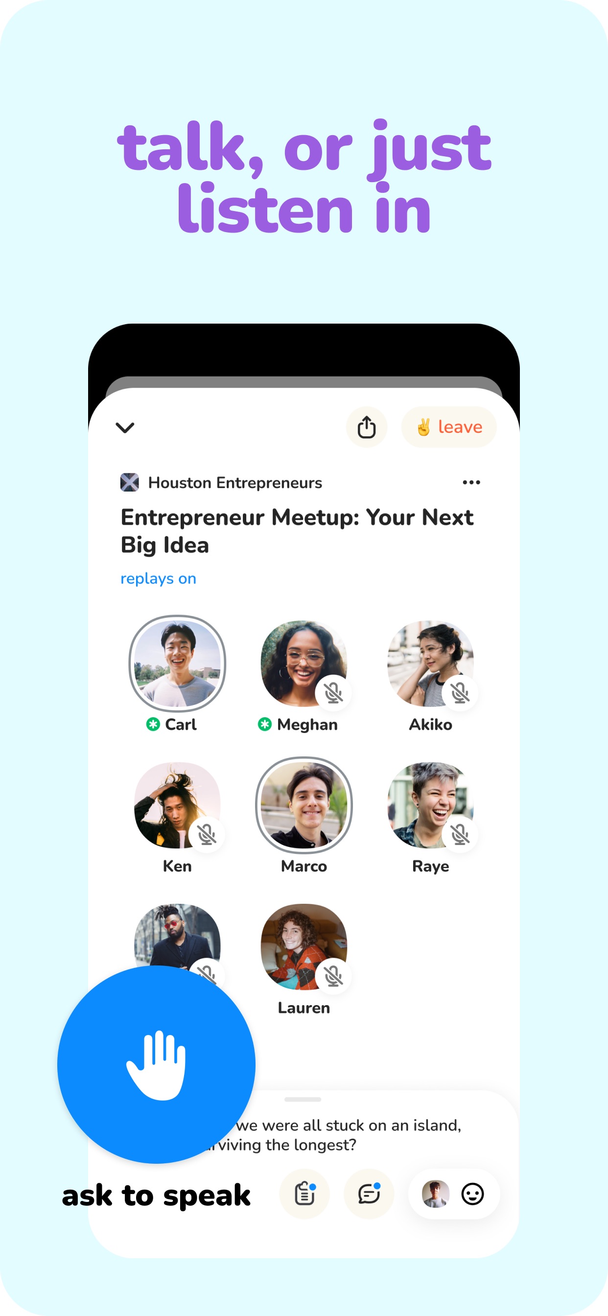 Clubhouse App Store screenshot: talk, or just listen in