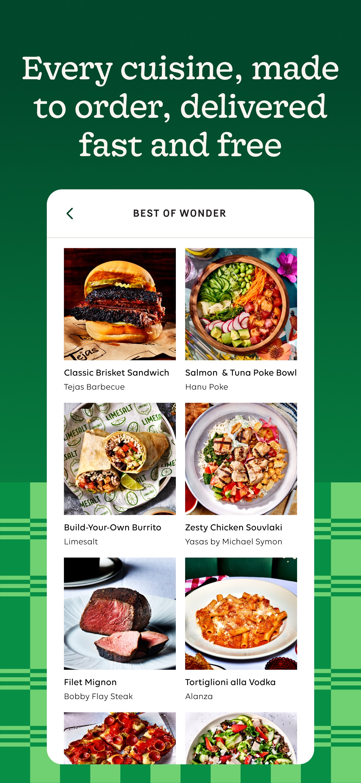 Wonder App Store screenshot: Every cuisine, made to order, delivered fast and free