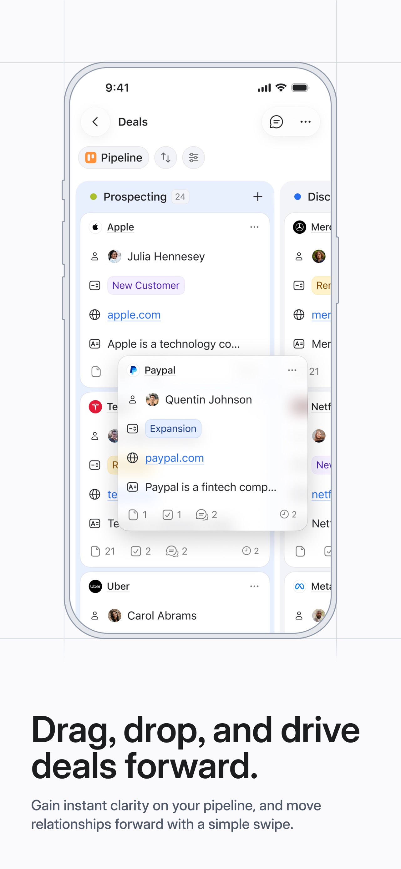 Attio App Store screenshot: Drag, drop, and drive deals forward. Gain instant clarity on your pipeline, and move relationships forward with a simple swipe.