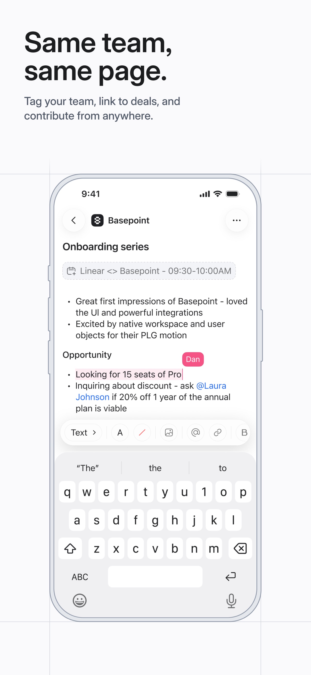 Attio App Store screenshot: Same team, same page. Tag your team, link to deals, and contribute from anywhere.
