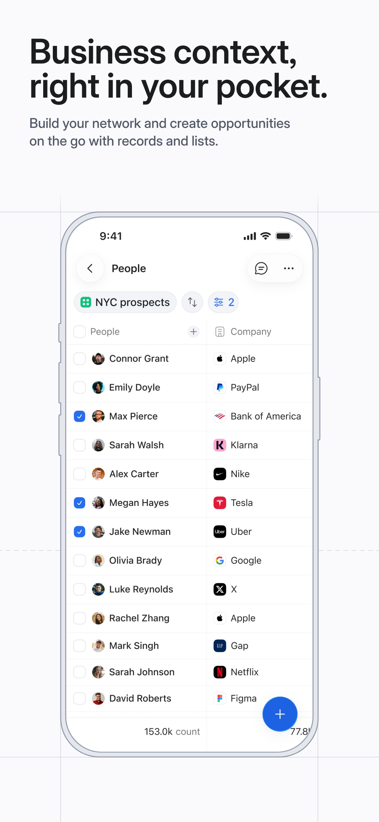 Attio App Store screenshot: Business context, right in your pocket. Build your network and create opportunities on the go with records and lists.