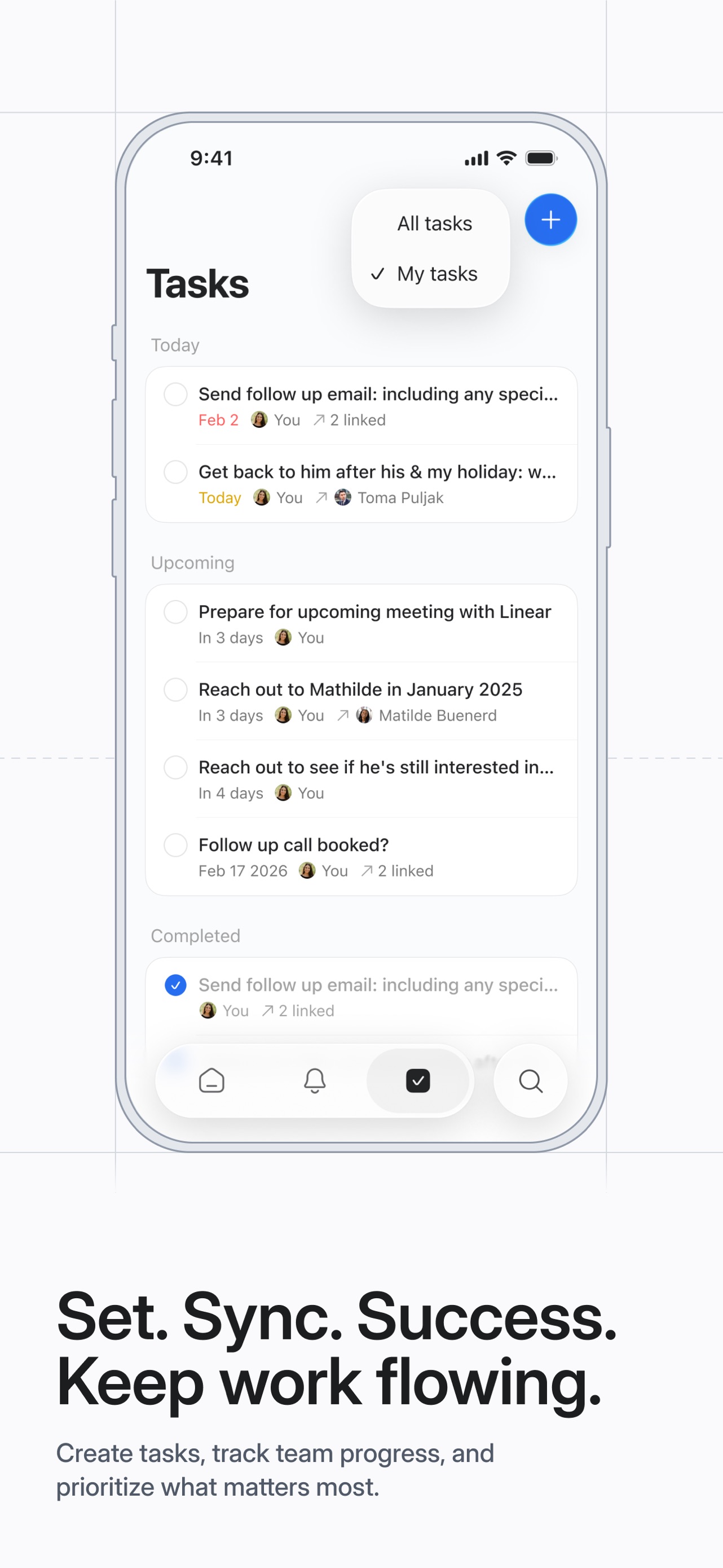 Attio App Store screenshot 5: Set. Sync. Success. Keep work flowing. Create tasks, track team progress, and prioritize what matters most.