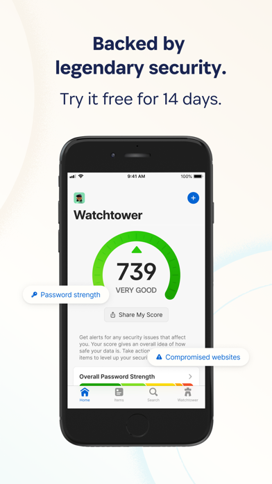 1Password App Store screenshot 5: Backed by legendary security. Try it free for 14 days.