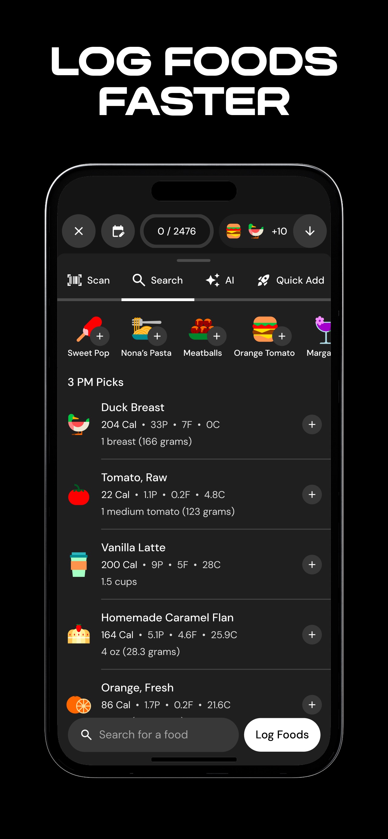 MacroFactor App Store screenshot: LOG FOODS FASTER
