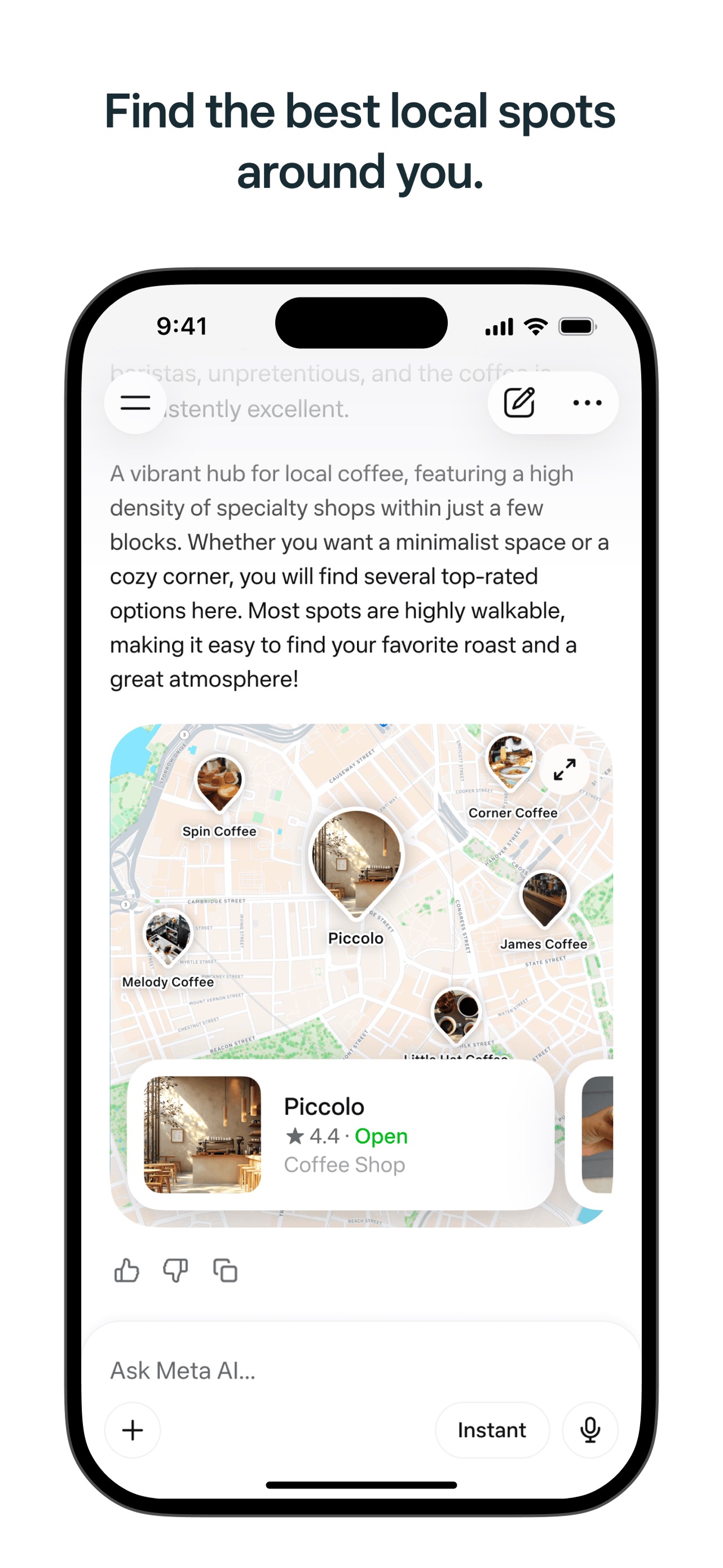 Meta AI App Store screenshot: Find the best local spots around you.