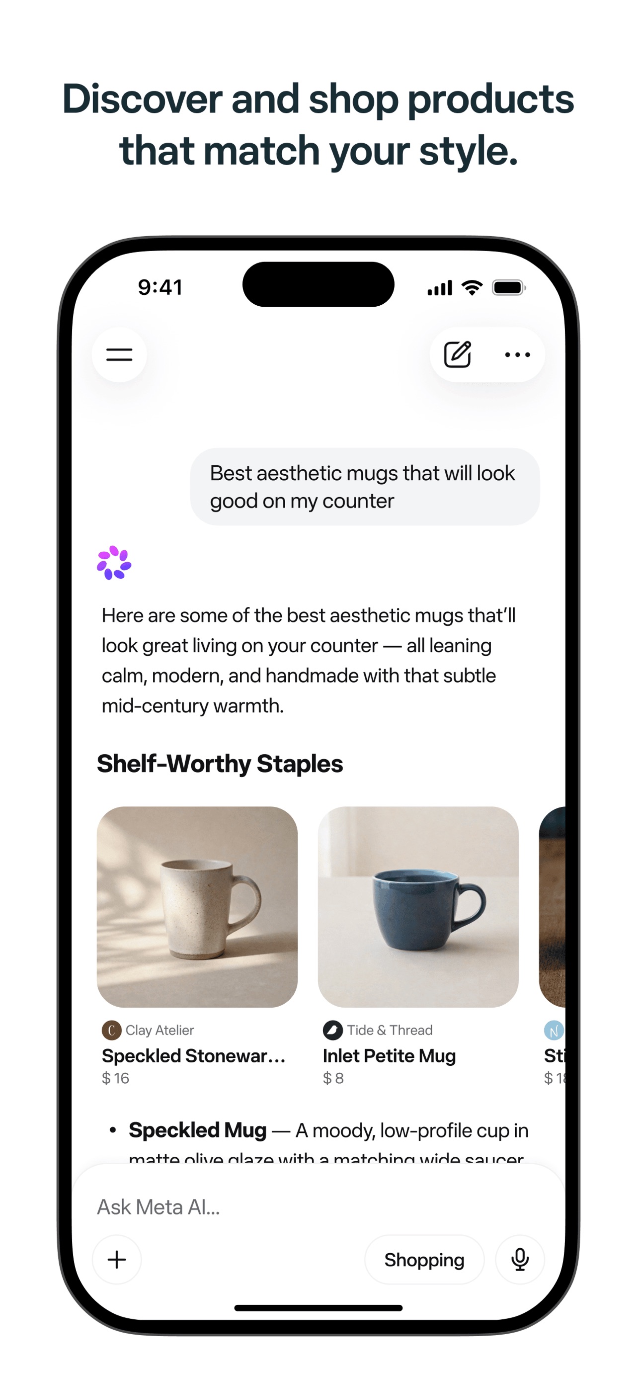 Meta AI App Store screenshot: Discover and shop products that match your style.