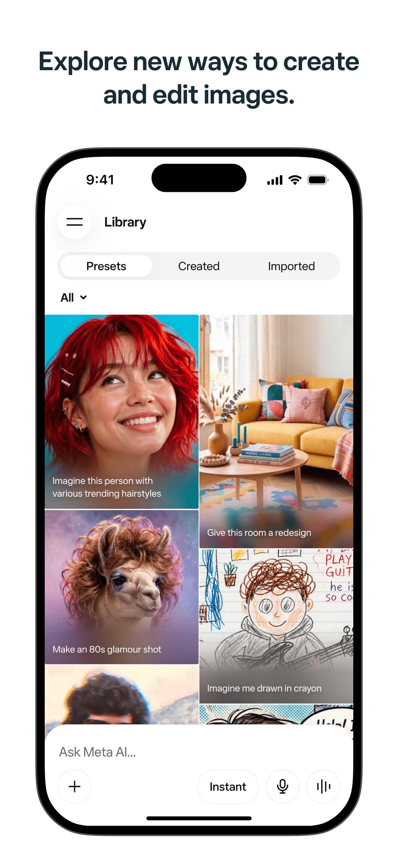 Meta AI App Store screenshot: Explore new ways to create and edit images.