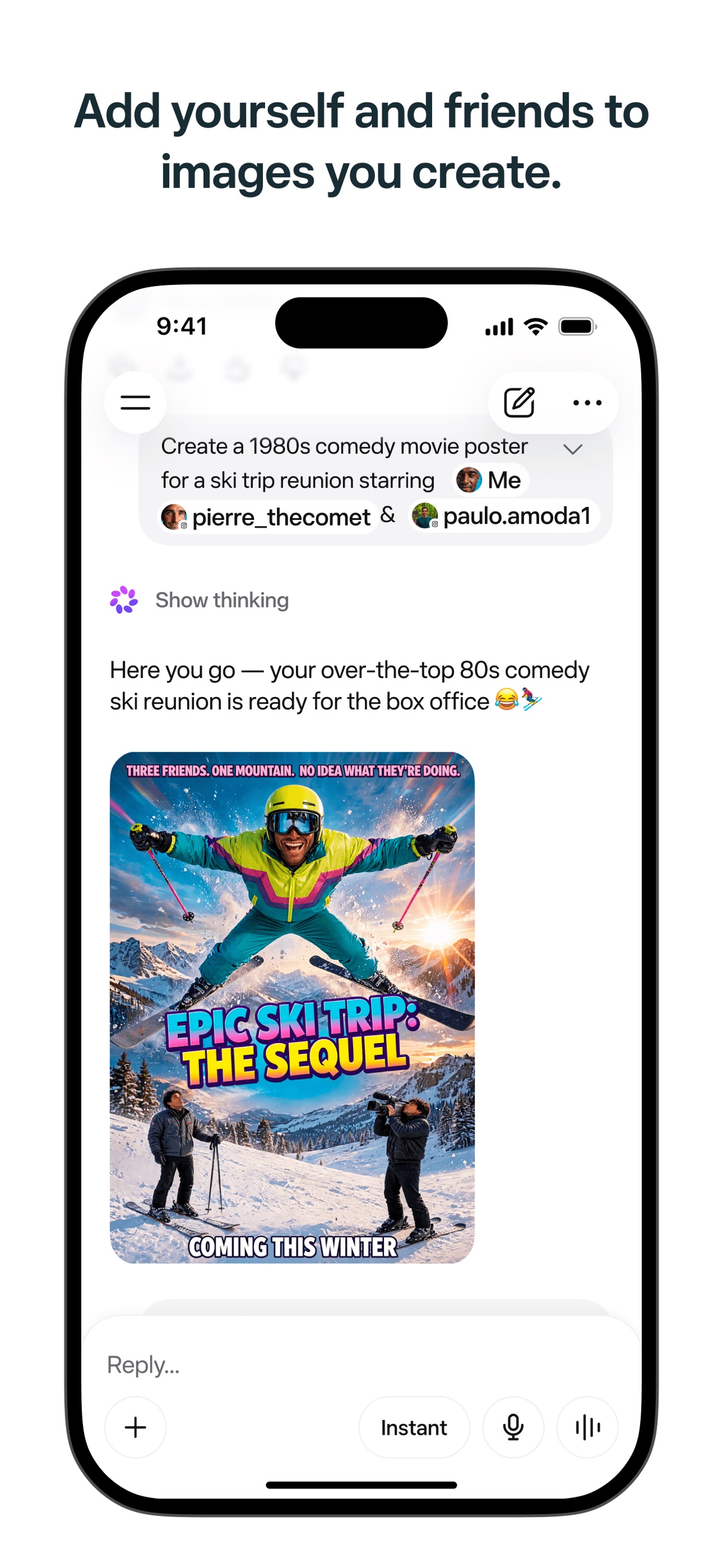 Meta AI App Store screenshot 5: Add yourself and friends to images you create.