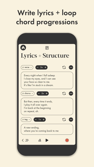 Demo App Store screenshot 5: Write lyrics + loop chord progressions