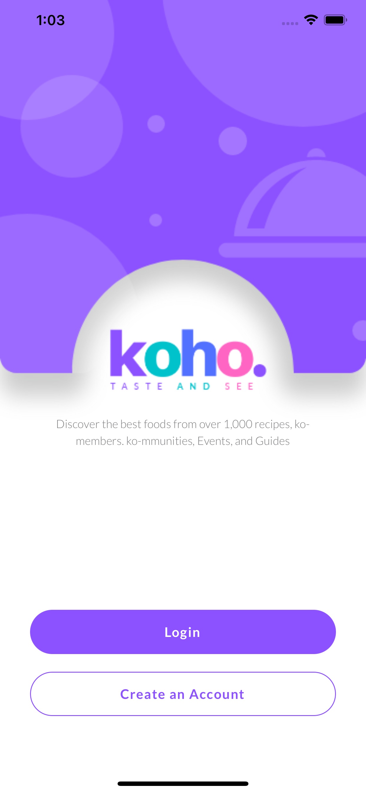 KOHO App Store screenshot: Discover the best foods from over 1,000 recipes, ko-members. ko-mmunities, Events, and Guides