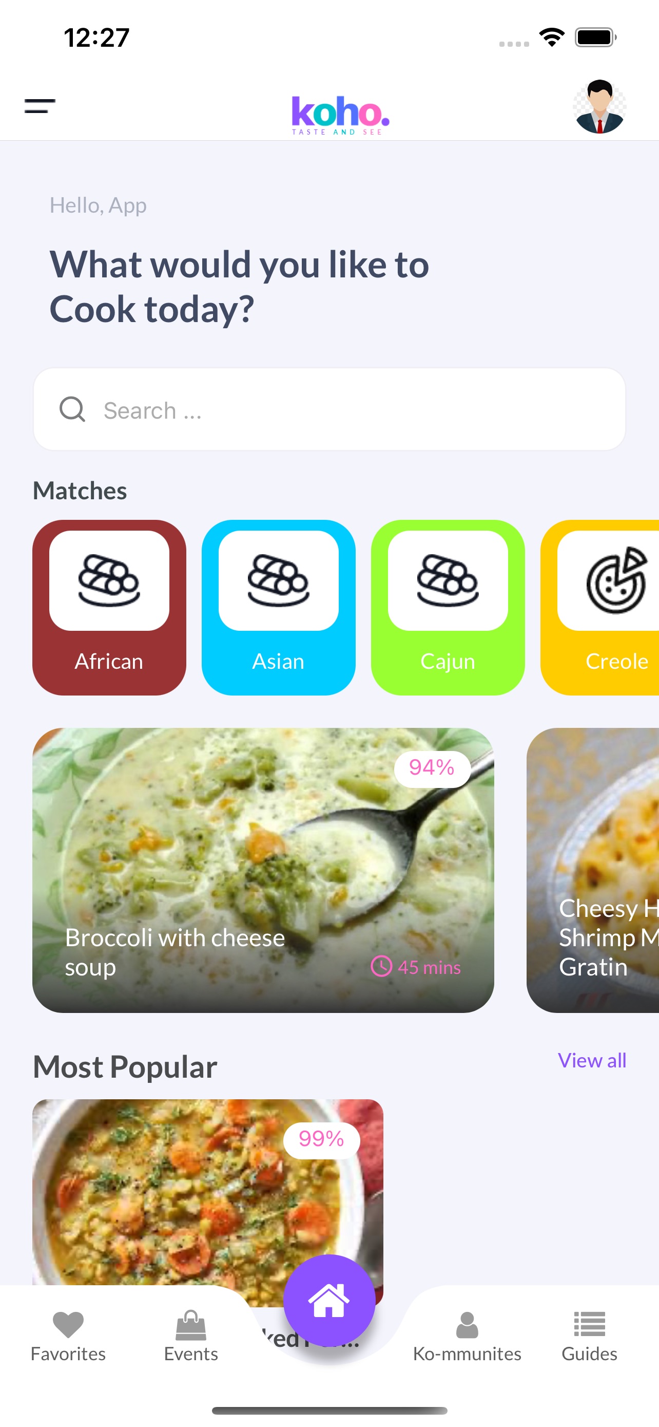 KOHO App Store screenshot: What would you like to Cook today?